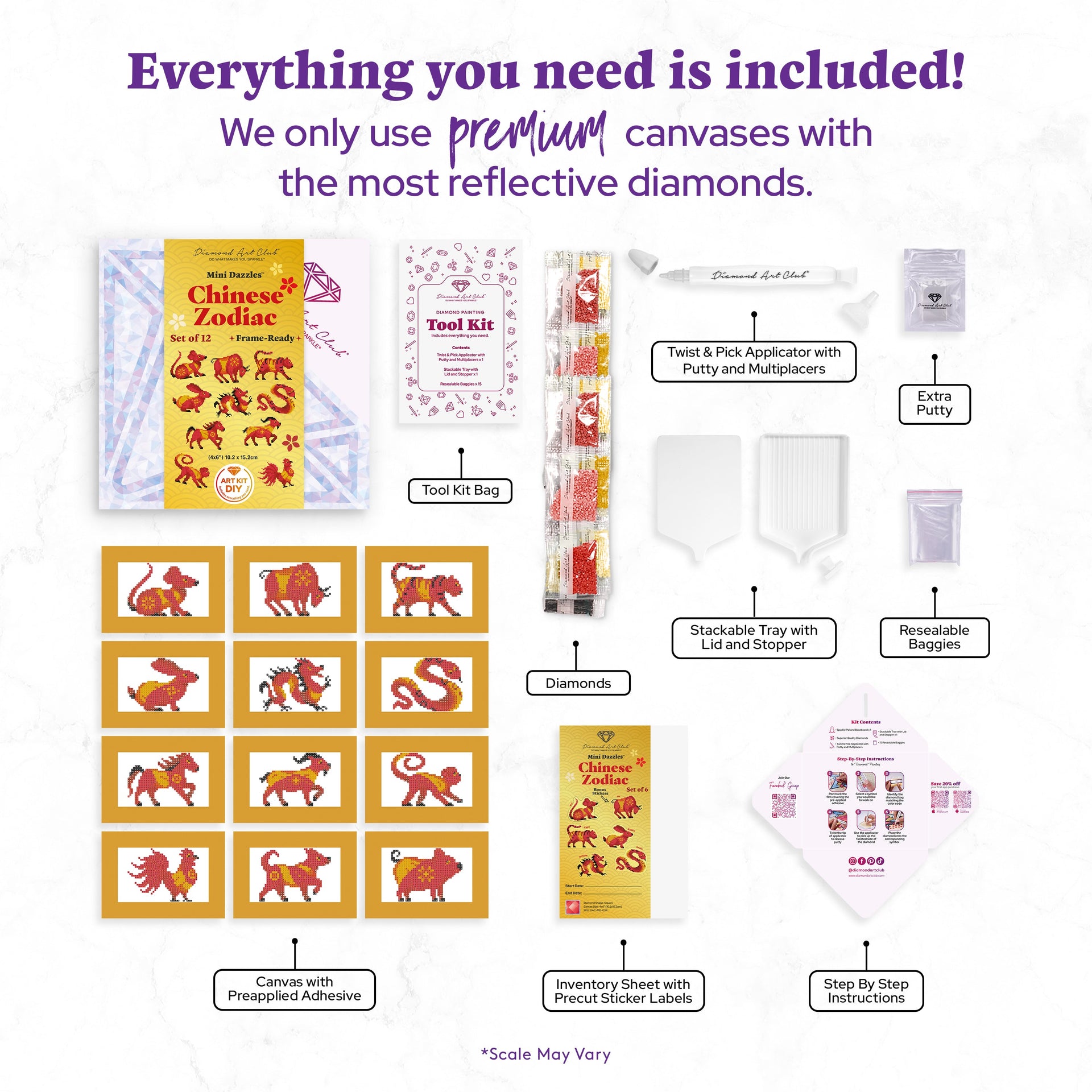 Diamond Painting Mini Dazzles™ - Chinese Zodiac 4" x 6" (10.2cm x 15.2cm) / Square With 8 Colors Including 1 AB and 7 Fairy Dust Diamonds / 7,414