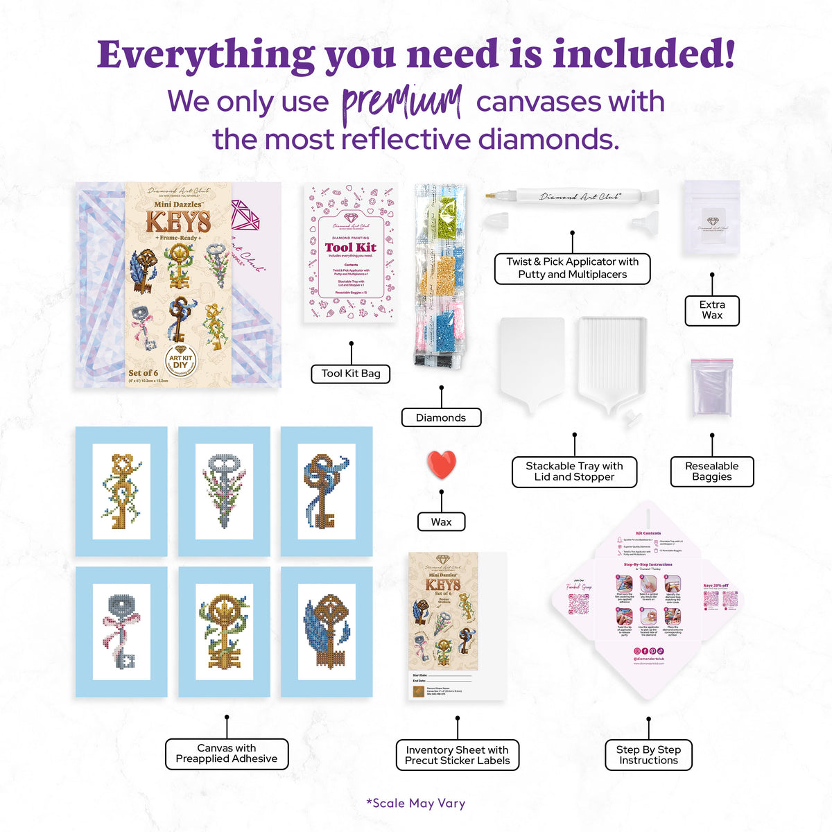 Diamond Painting Mini Dazzles™ - Keys 4" x 6" (10.2cm x 15.2cm) / Square With 21 Colors Including 2 ABs and 2 Electro Diamond and 17 Fairy Dust Diamonds / 2,641