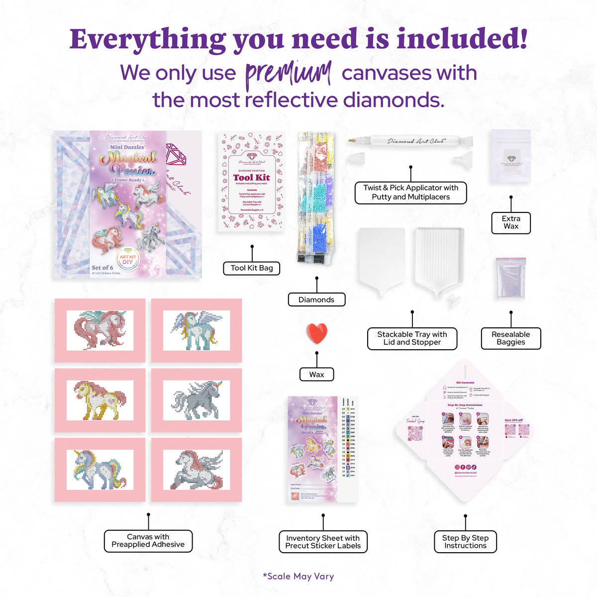 Diamond Painting Mini Dazzles™ - Magical Ponies 4" x 6" (10.2cm x 15.2cm) / Square With 18 Colors Including 2 ABs and 16 Fairy Dust Diamonds / 4,079