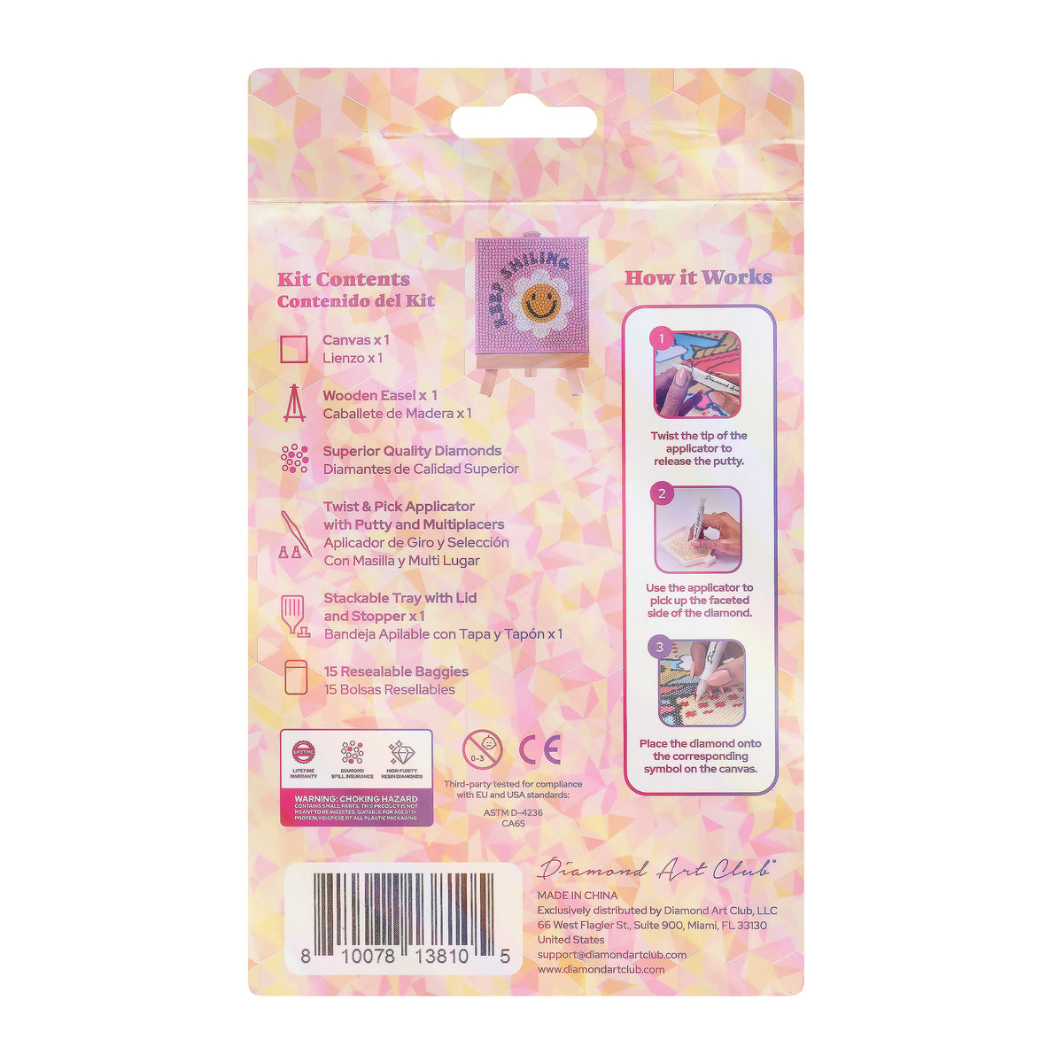 Diamond Painting Mini Easels - Keep Smiling 3.9" x 3.9" (10cm x 10cm) / Round with 5 Colors including 1 AB and 2 Fairy Dust Diamonds / 1,213