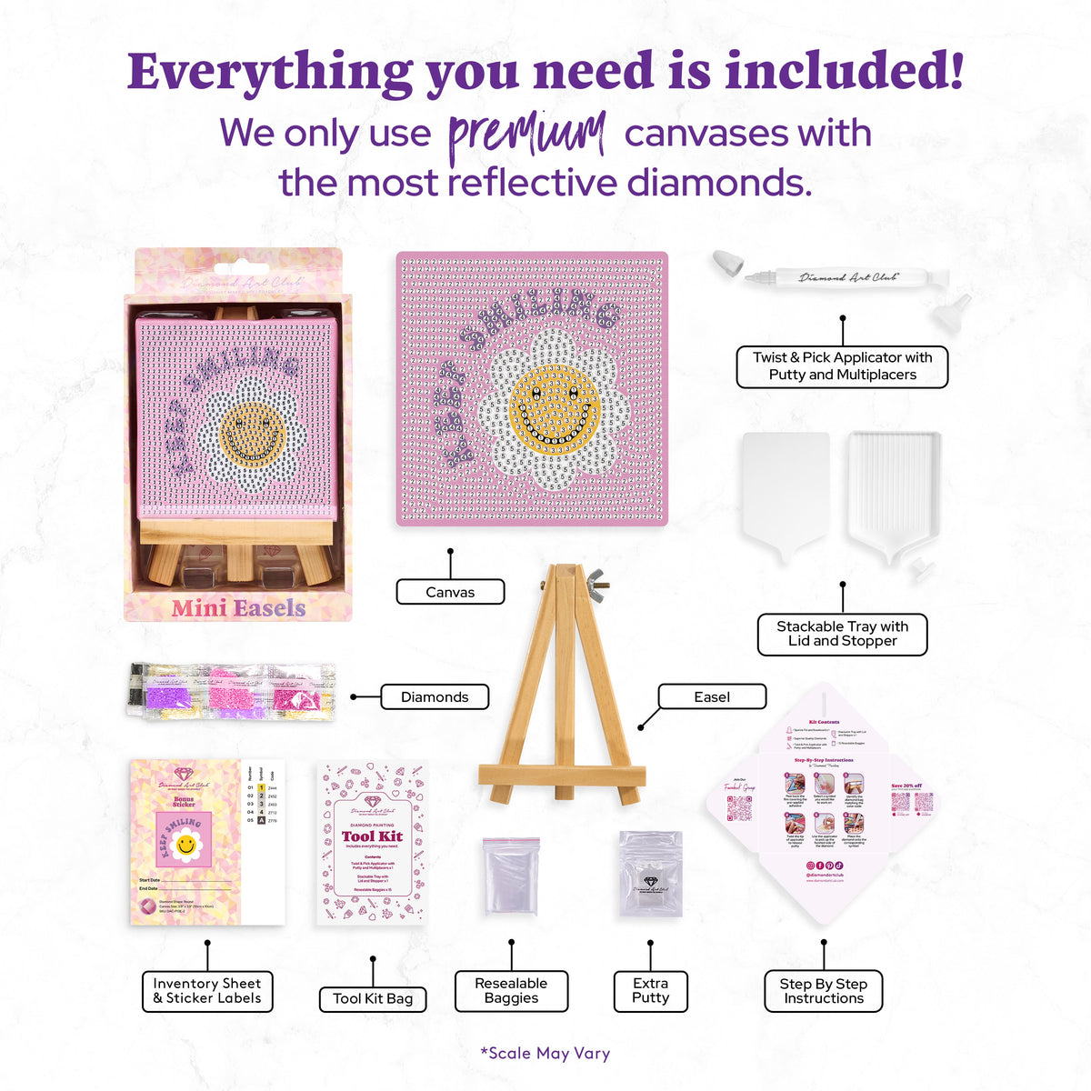 Diamond Painting Mini Easels - Keep Smiling 3.9" x 3.9" (10cm x 10cm) / Round with 5 Colors including 1 AB and 2 Fairy Dust Diamonds / 1,213