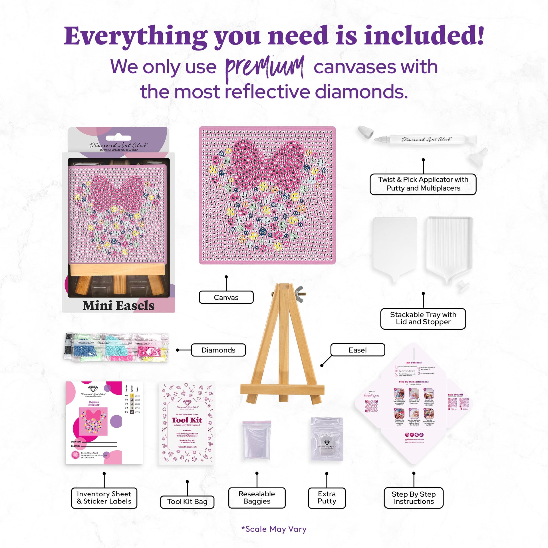 Diamond Painting Mini Easels - Pink Minnie™ 3.9" x 3.9" (10cm x 10cm) / Round with 7 Colors Including 2 Fairy Dust Diamonds / 1,286