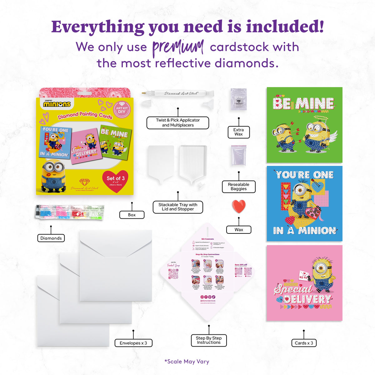 Diamond Painting Minions™ DIY Cards (Set of 3) 6" x 6" (15cm x 15cm) / Round with 14 Colors including 1 AB and 5 Fairy Dust Diamonds / 2,140