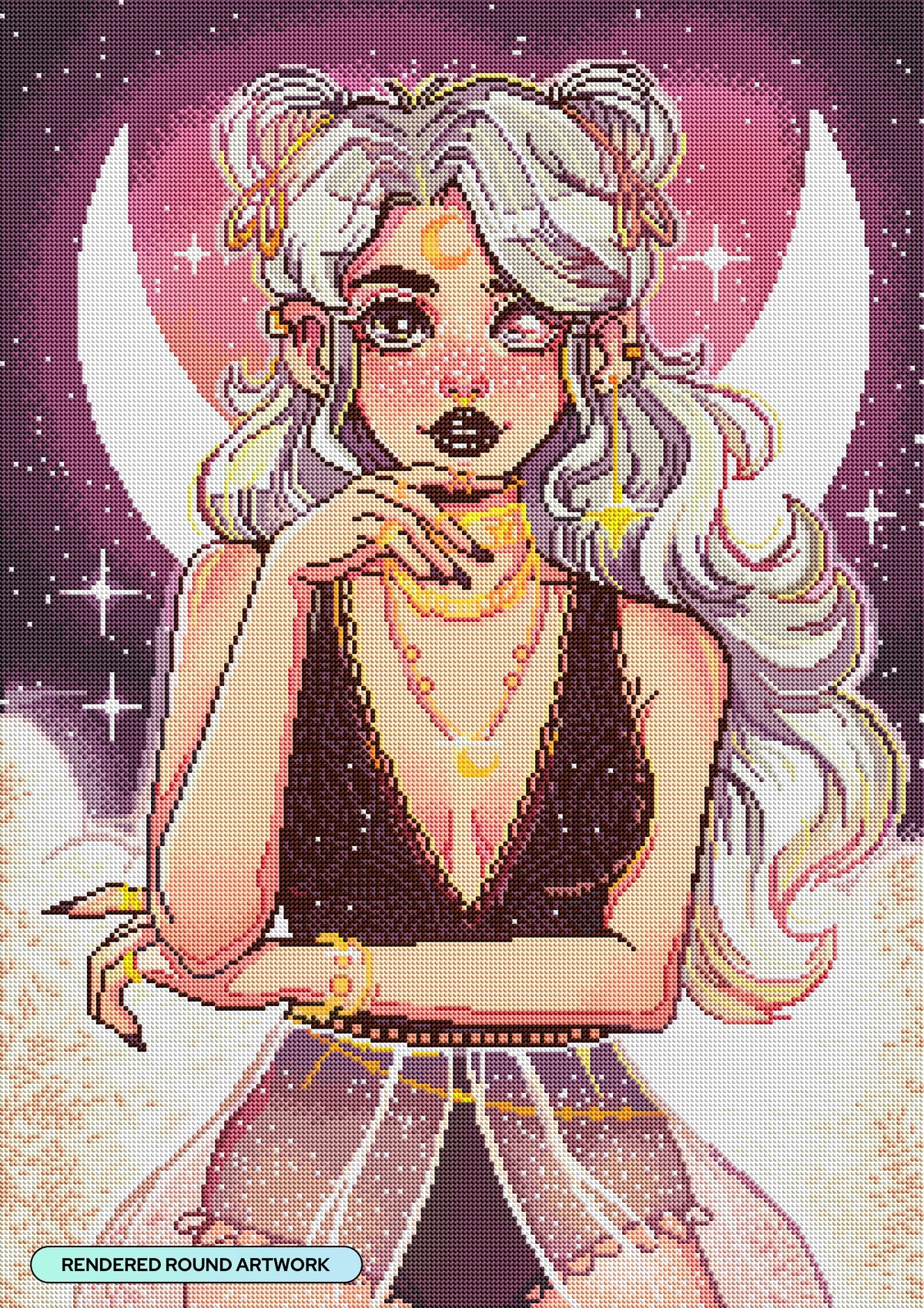 Diamond Painting Moon Girl 22" x 31" (55.6cm x 78.7cm) / Round With 46 Colors Including 1 AB and 1 Iridescent Diamond and 1 Frosted Diamond and 2 Fairy Dust Diamonds / 57,772