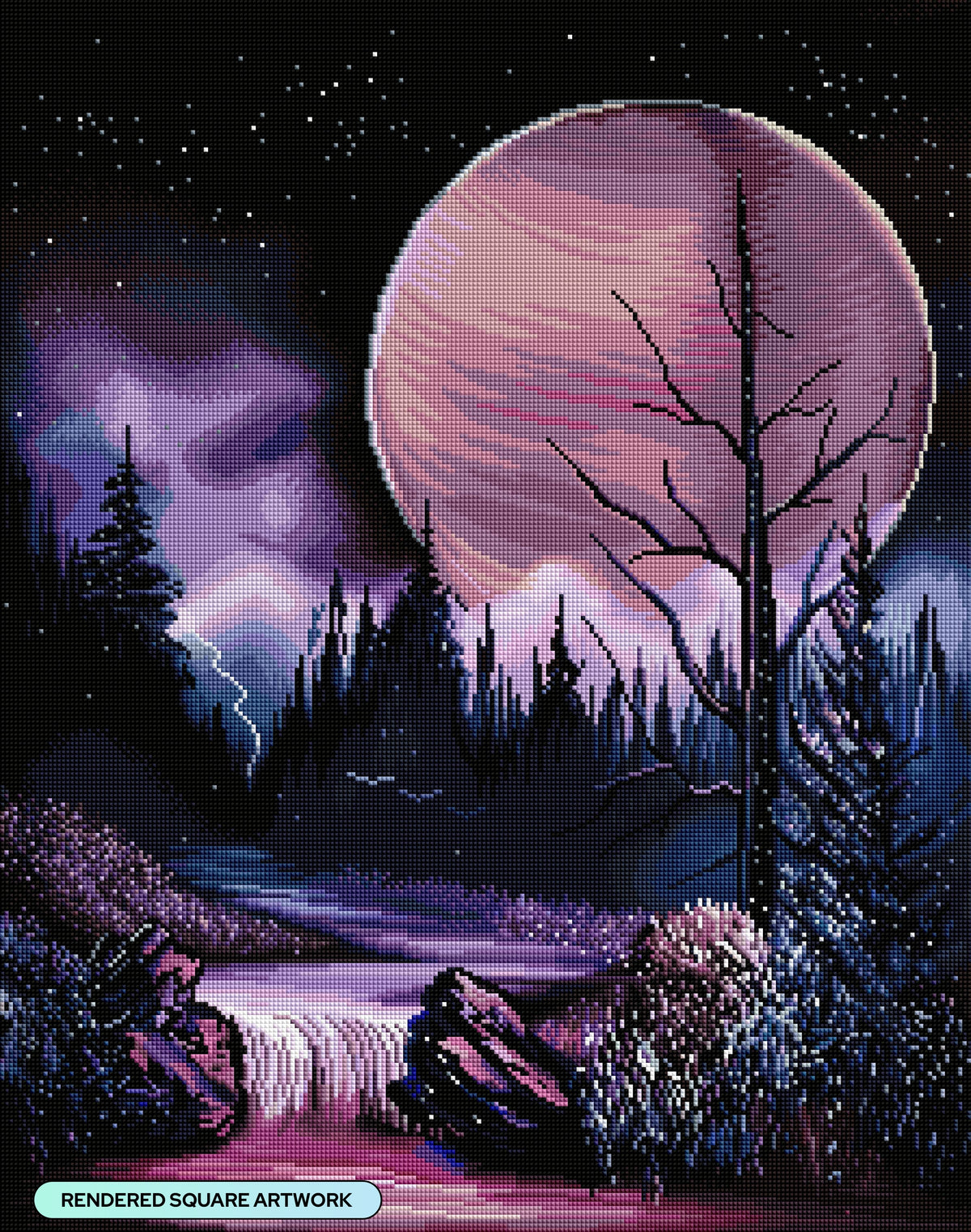 Diamond Painting Moonrise Over Fuchsia Falls 22" x 28" (55.8cm x 70.7cm) / Square with 68 Colors including 2 ABs and 4 Fairy Dust Diamonds / 63,616