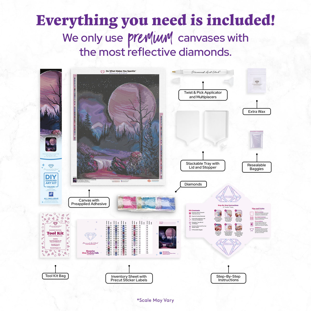 Diamond Painting Moonrise Over Fuchsia Falls 22" x 28" (55.8cm x 70.7cm) / Square with 68 Colors including 2 ABs and 4 Fairy Dust Diamonds / 63,616