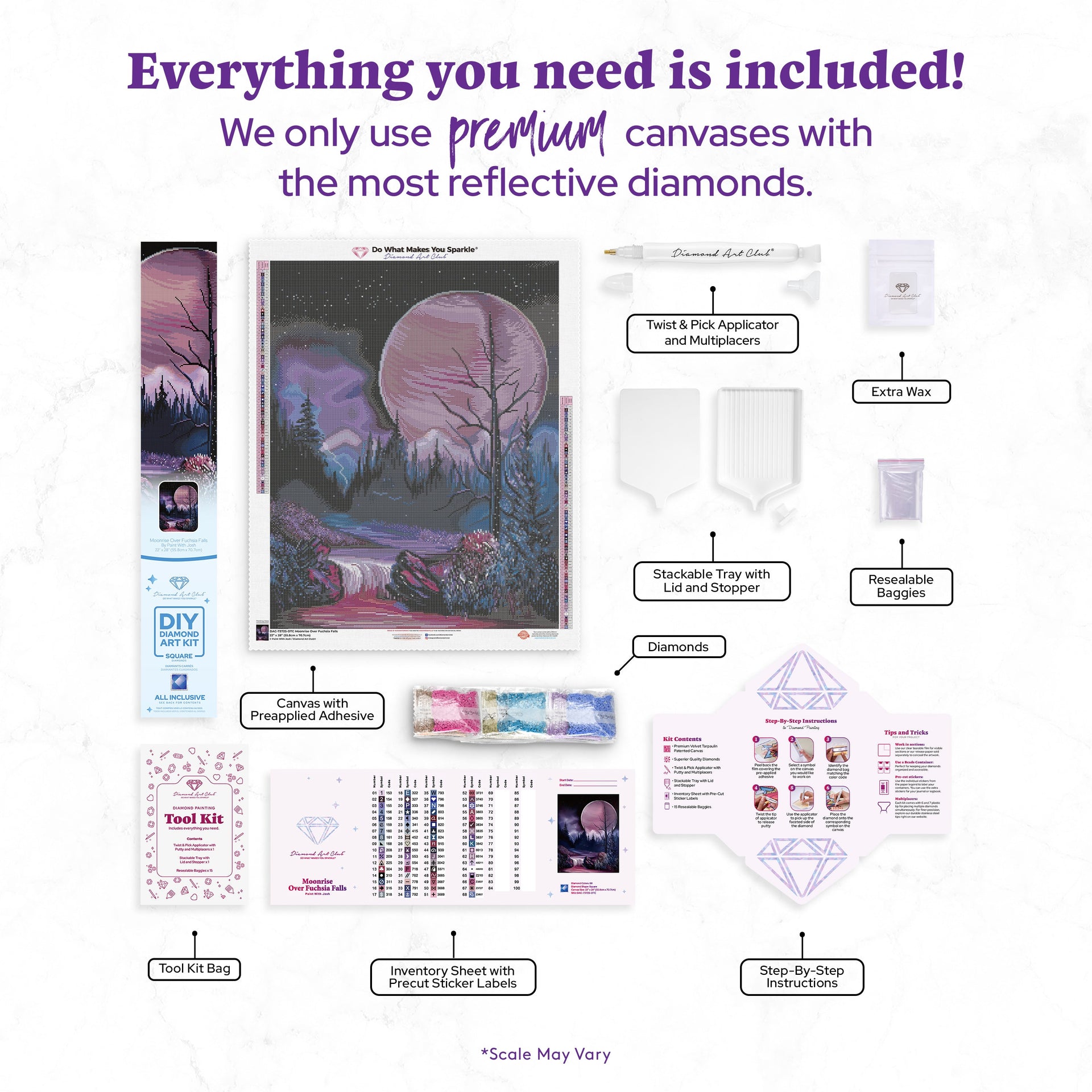 Diamond Painting Moonrise Over Fuchsia Falls 22" x 28" (55.8cm x 70.7cm) / Square with 68 Colors including 2 ABs and 4 Fairy Dust Diamonds / 63,616