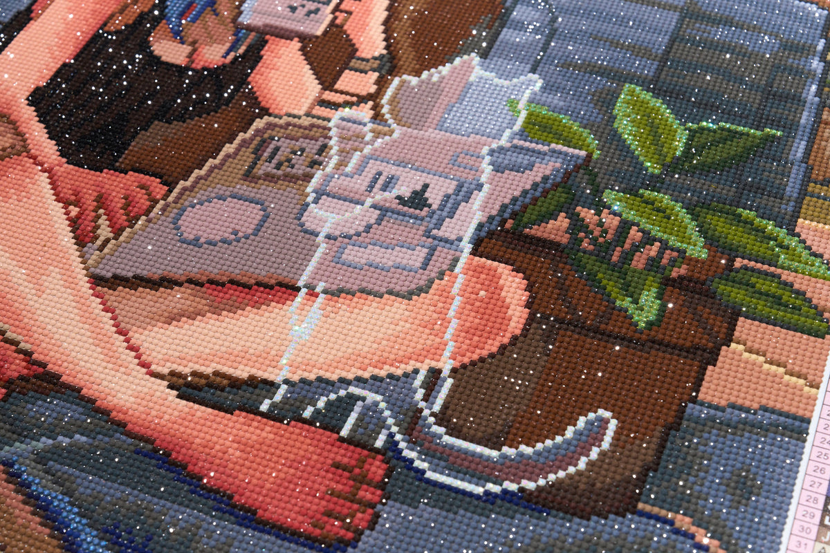 Diamond Painting Morning Coffee 22" x 28" (55.6cm x 70.7cm) / Round With 56 Colors Including 2 ABs and 3 Fairy Dust Diamonds / 51,914