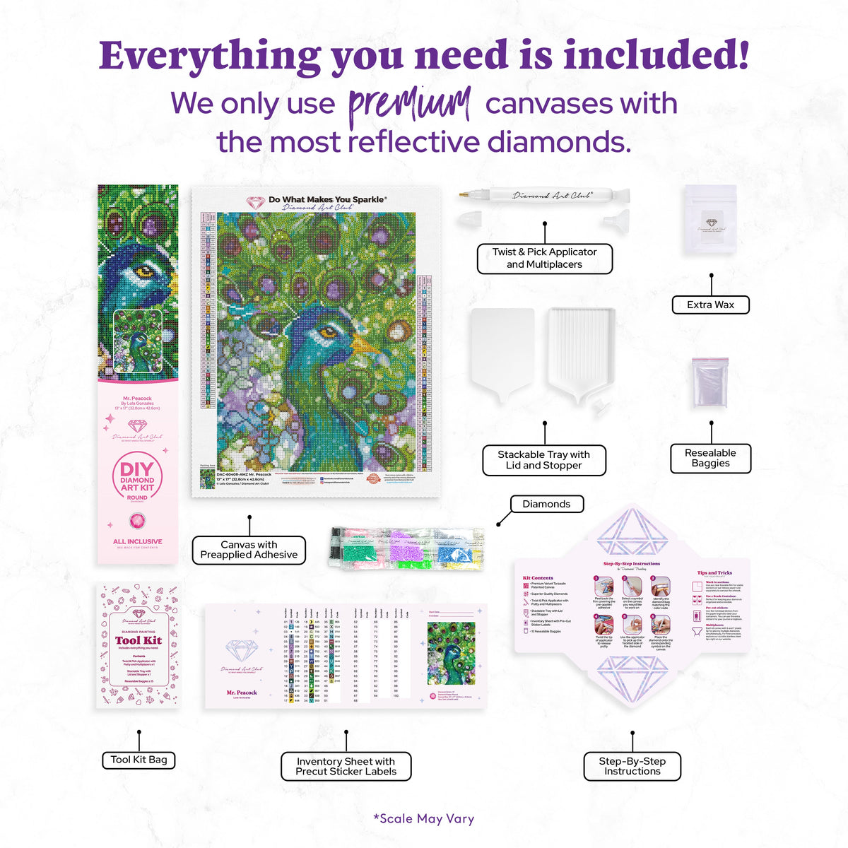 Diamond Painting Mr. Peacock 13" x 17" (32.8cm x 42.6cm) / Round with 47 Colors including 3 ABs including 1 Fairy Dust Diamonds / 17,784