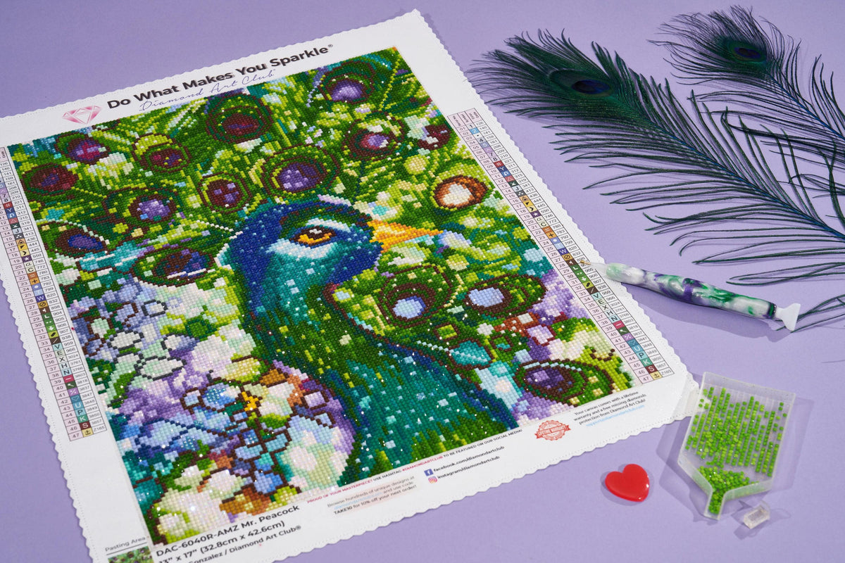 Diamond Painting Mr. Peacock 13" x 17" (32.8cm x 42.6cm) / Round with 47 Colors including 3 ABs including 1 Fairy Dust Diamonds / 17,784