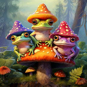 Diamond Painting Mushroom Hat Frog Friends 22" x 22" (55.8cm x 55.8cm) / Square with 98 Colors including 3 ABs and 5 Fairy Dust Diamonds / 50,176