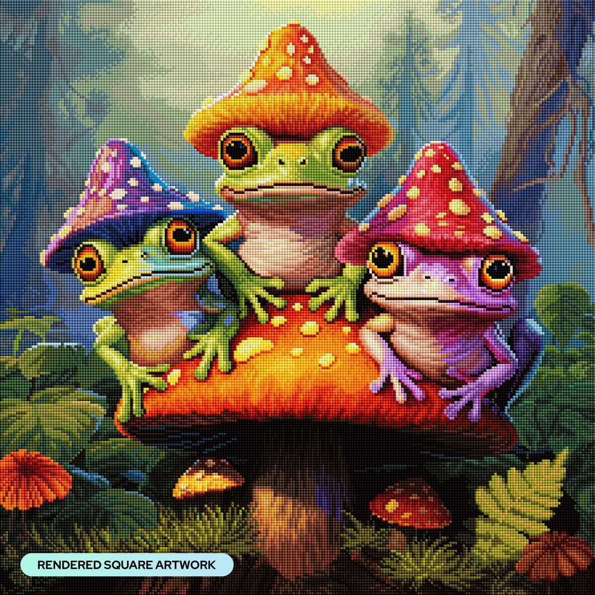 Diamond Painting Mushroom Hat Frog Friends 22" x 22" (55.8cm x 55.8cm) / Square with 98 Colors including 3 ABs and 5 Fairy Dust Diamonds / 50,176