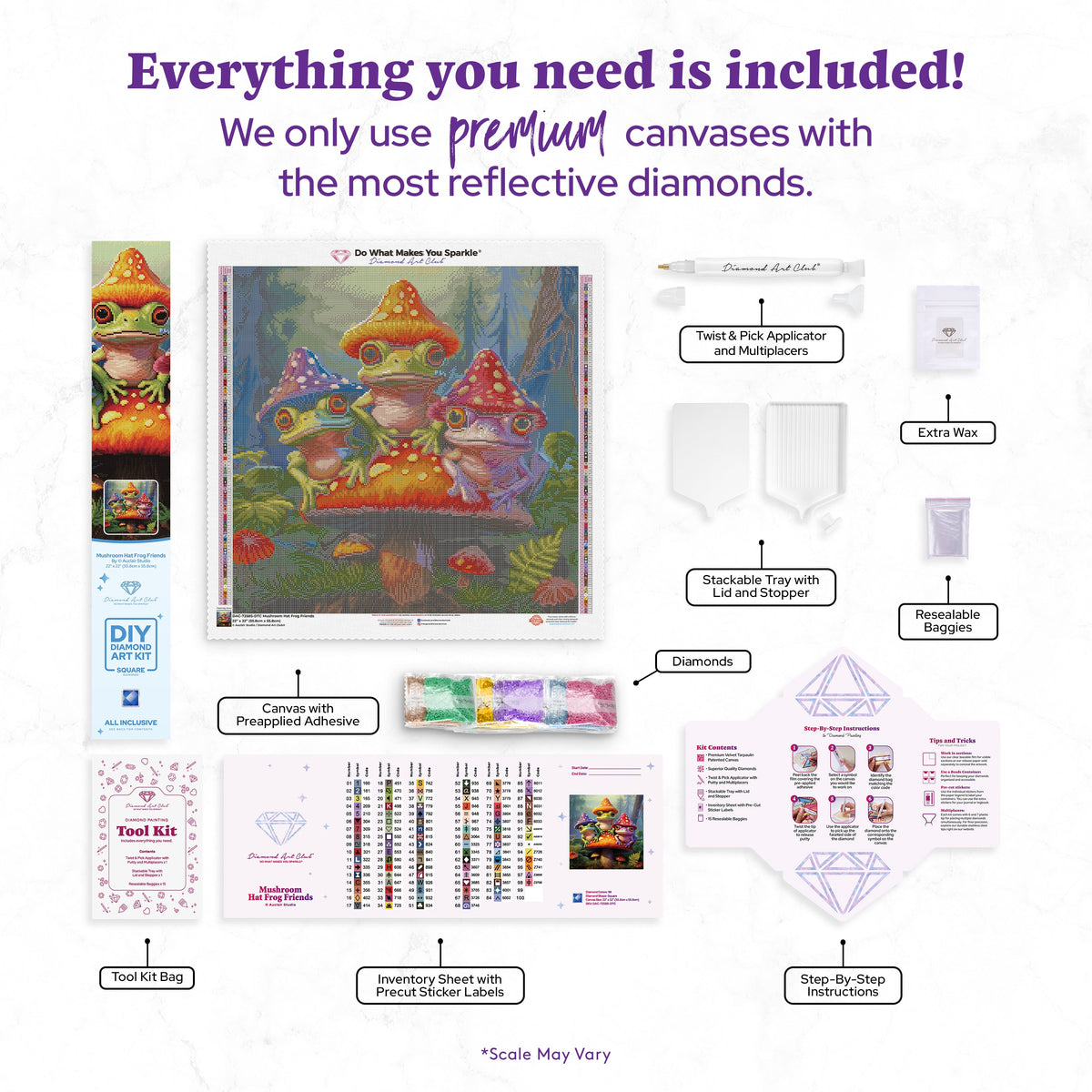 Diamond Painting Mushroom Hat Frog Friends 22" x 22" (55.8cm x 55.8cm) / Square with 98 Colors including 3 ABs and 5 Fairy Dust Diamonds / 50,176