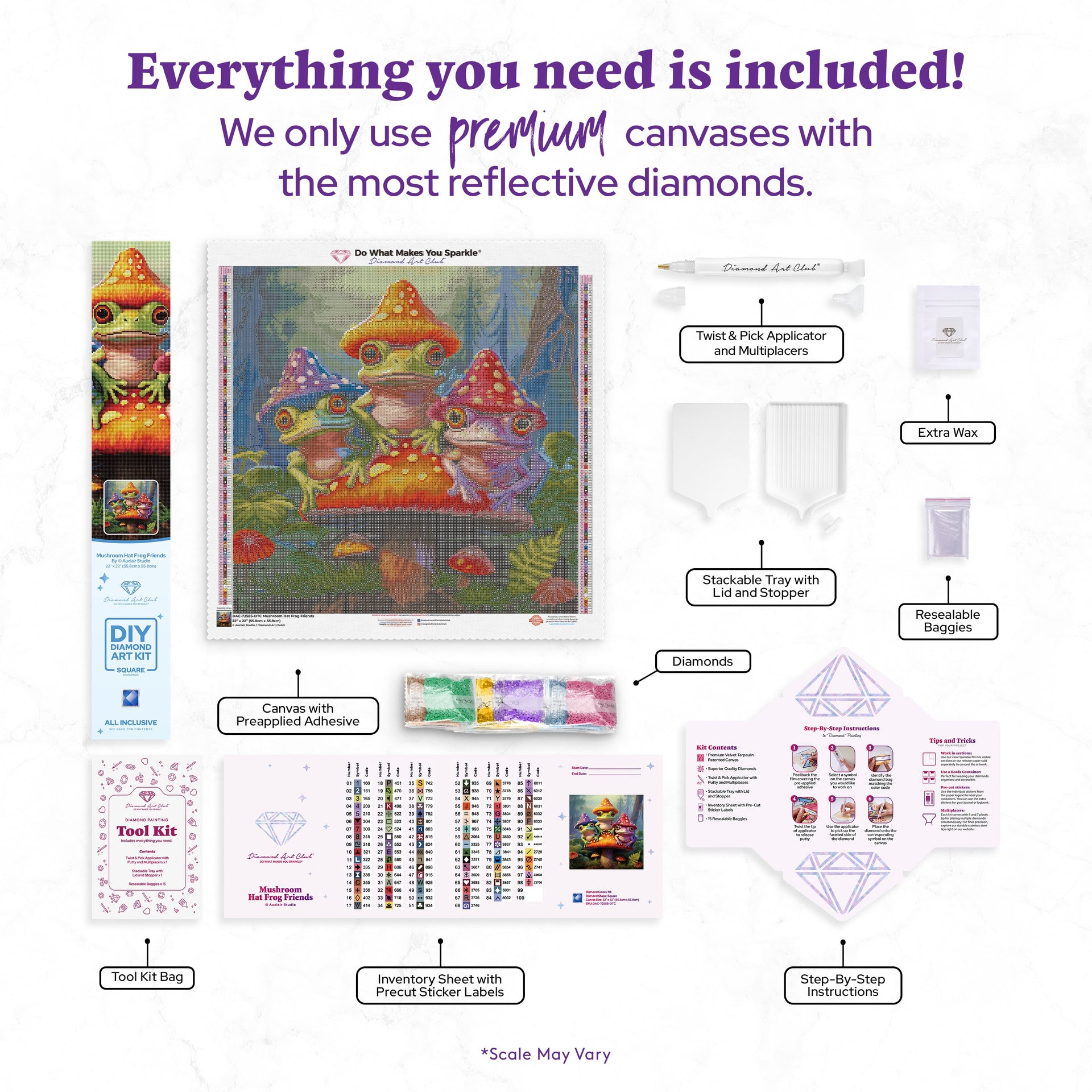 Diamond Painting Mushroom Hat Frog Friends 22" x 22" (55.8cm x 55.8cm) / Square with 98 Colors including 3 ABs and 5 Fairy Dust Diamonds / 50,176