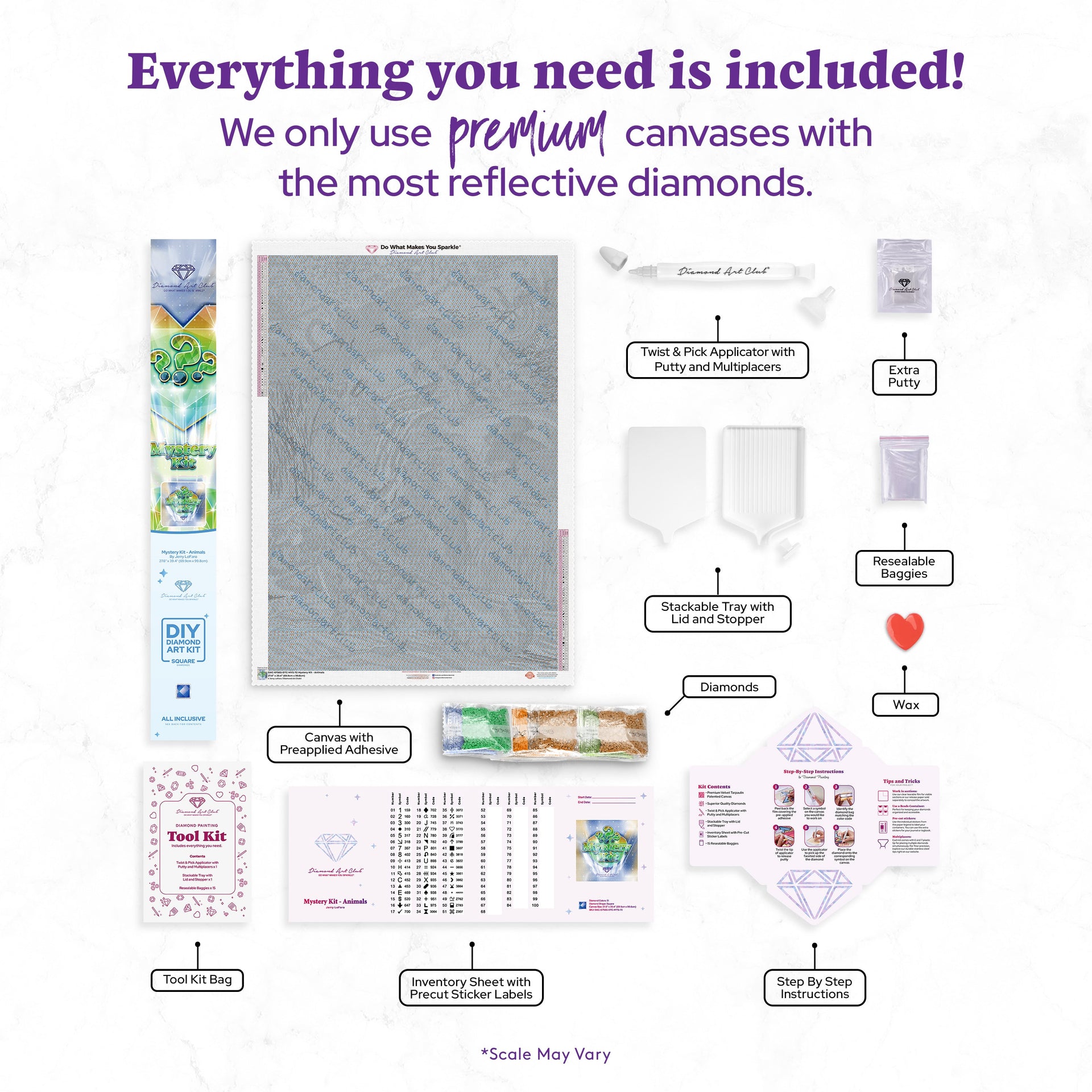 Diamond Painting Mystery Kit #72 - Animals 27.6" x 39.4" (69.9cm x 99.8cm) / Square with 51 Colors including 1 AB and 3 Fairy Dust Diamonds / 112,681
