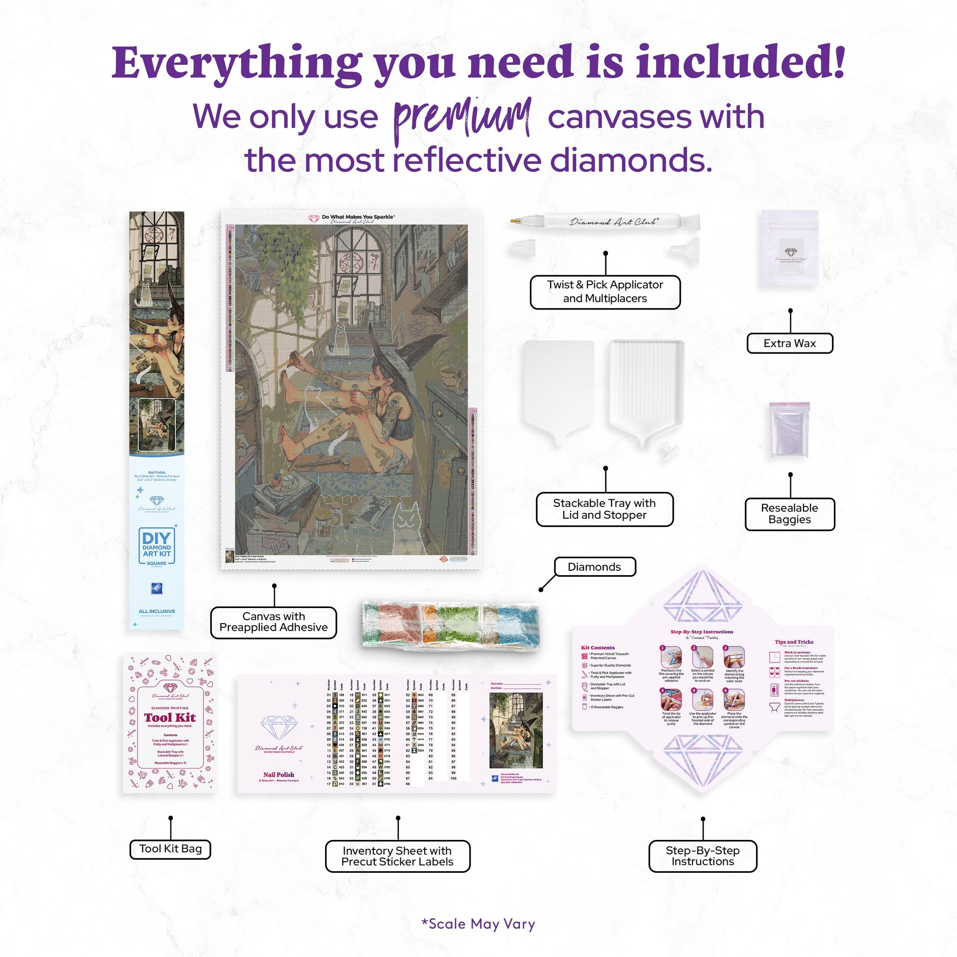 Diamond Painting Nail Polish 25.6" x 36.2" (65cm x 91.8cm) / Square With 62 Colors Including 2 ABs and 2 Fairy Dust Diamonds / 96,309