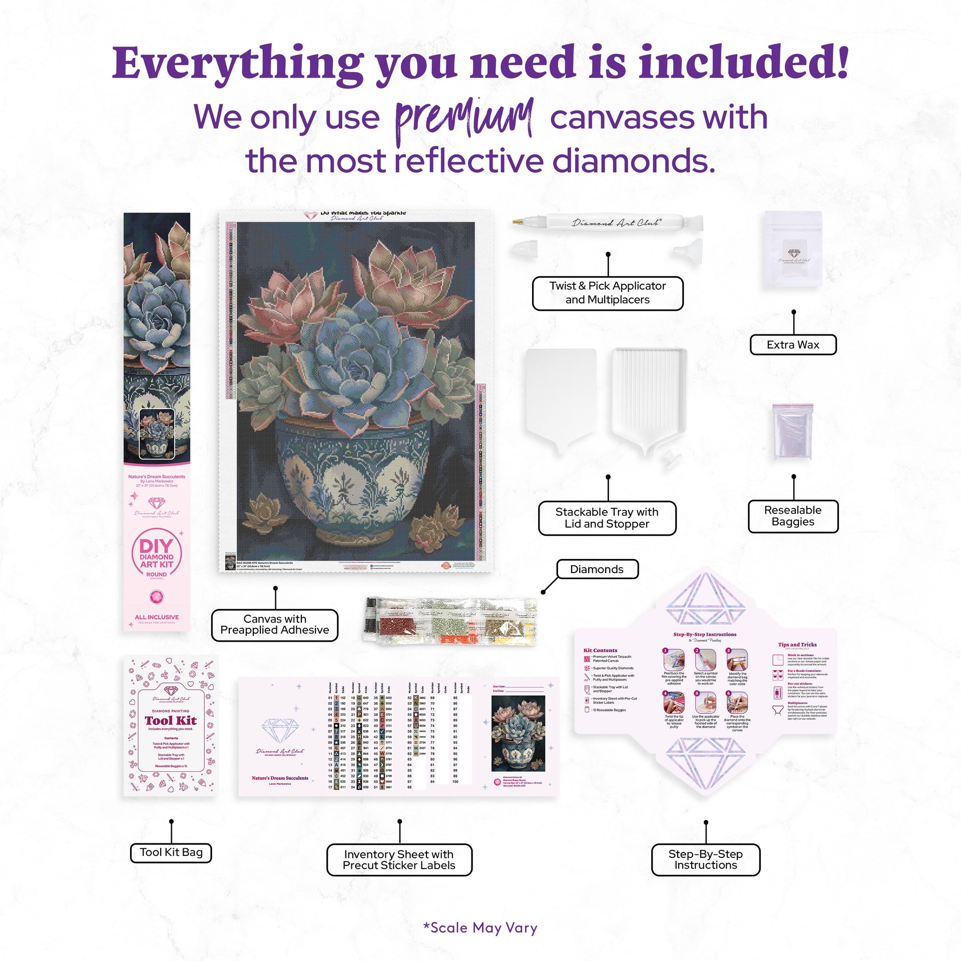 Diamond Painting Nature's Dream Succulents 22" x 31" (55.6cm x 78.7cm) / Round with 62 Colors including 2 ABs and 3 Fairy Dust Diamonds / 57,772