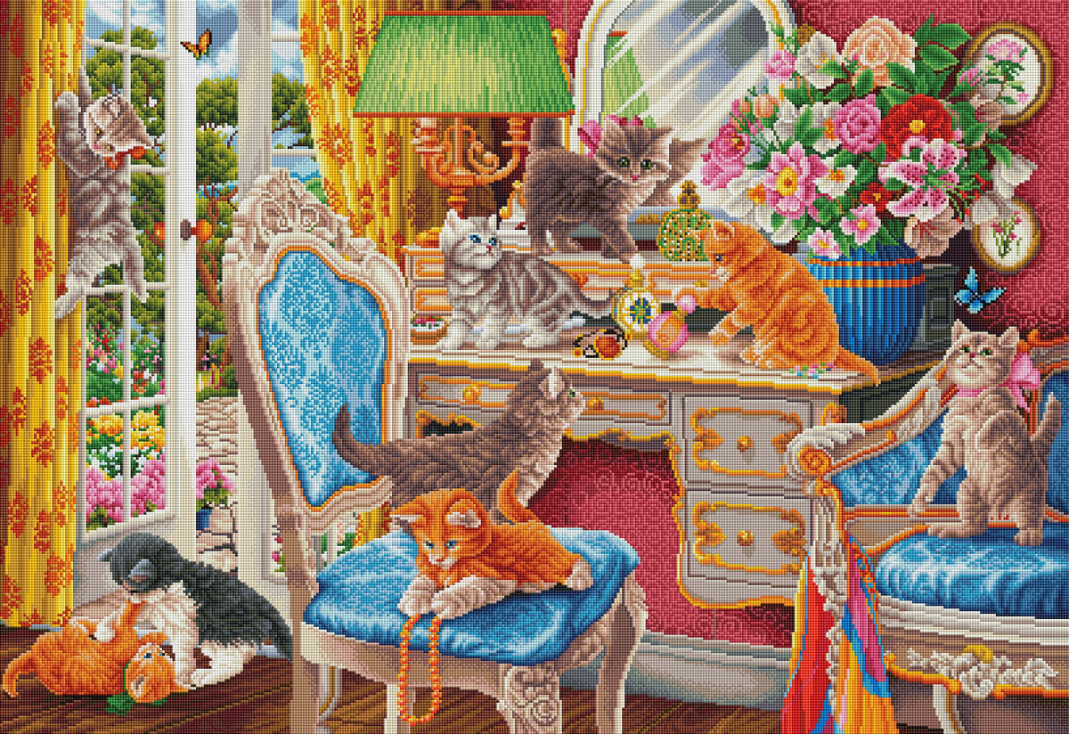 Diamond Painting Naughty Kittens in the Bedroom 40.2" x 27.6" (101.8cm x 69.9cm) / Square with 85 Colors including 3 ABs and 5 Fairy Dust Diamonds / 114,929