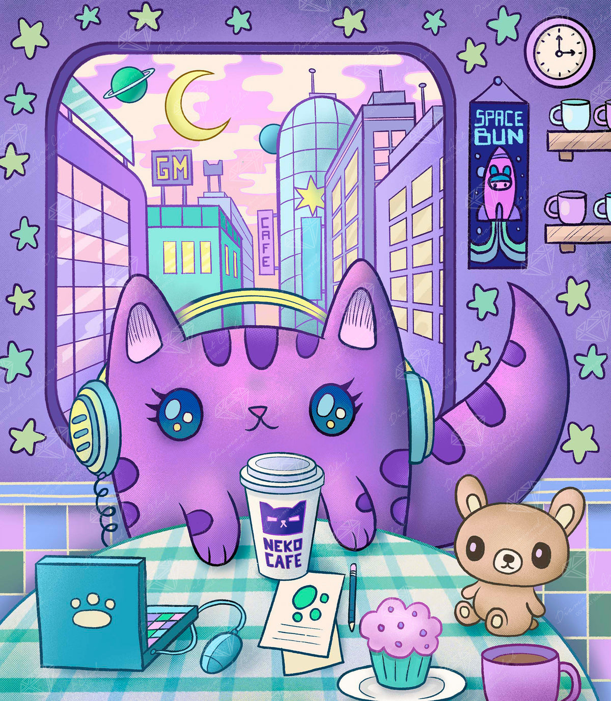 Diamond Painting Neko Cafe 22" x 25" (55.6cm x 63.8cm) / Round with 56 Colors including 2 ABs and 3 Fairy Dust Diamonds / 46,864