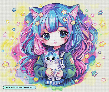 Diamond Painting Neon Neko 26" x 22" (66cm x 55.6cm) / Round with 48 Colors including 3 ABs and 4 Fairy Dust Diamonds / 48,480