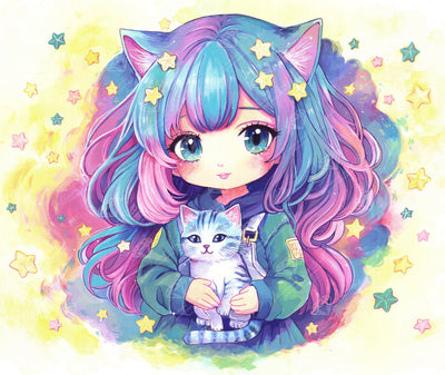 Diamond Painting Neon Neko 26" x 22" (66cm x 55.6cm) / Round with 48 Colors including 3 ABs and 4 Fairy Dust Diamonds / 48,480