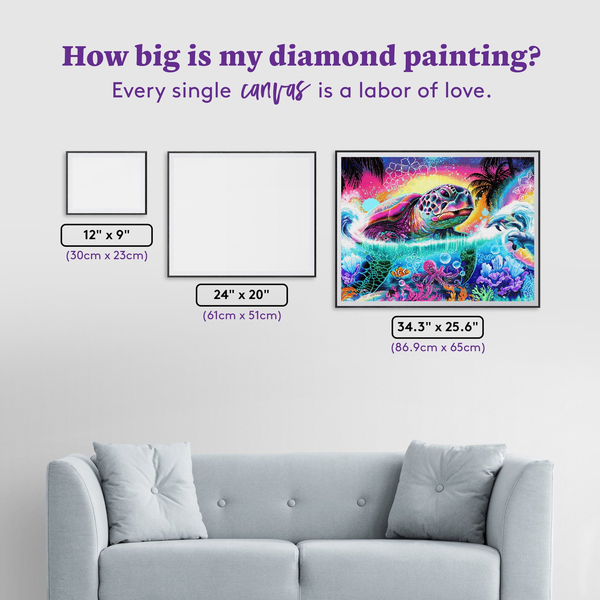 Diamond Painting Neon Vibes Sea Turtle 34.3" x 25.6" (86.9cm x 65cm) / Square with 101 Colors including 3 ABs and 3 Fairy Dust Diamonds / 91,089