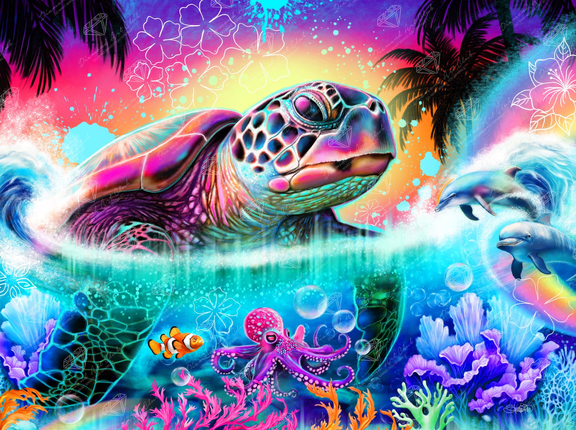 Diamond Painting Neon Vibes Sea Turtle 34.3" x 25.6" (86.9cm x 65cm) / Square with 101 Colors including 3 ABs and 3 Fairy Dust Diamonds / 91,089