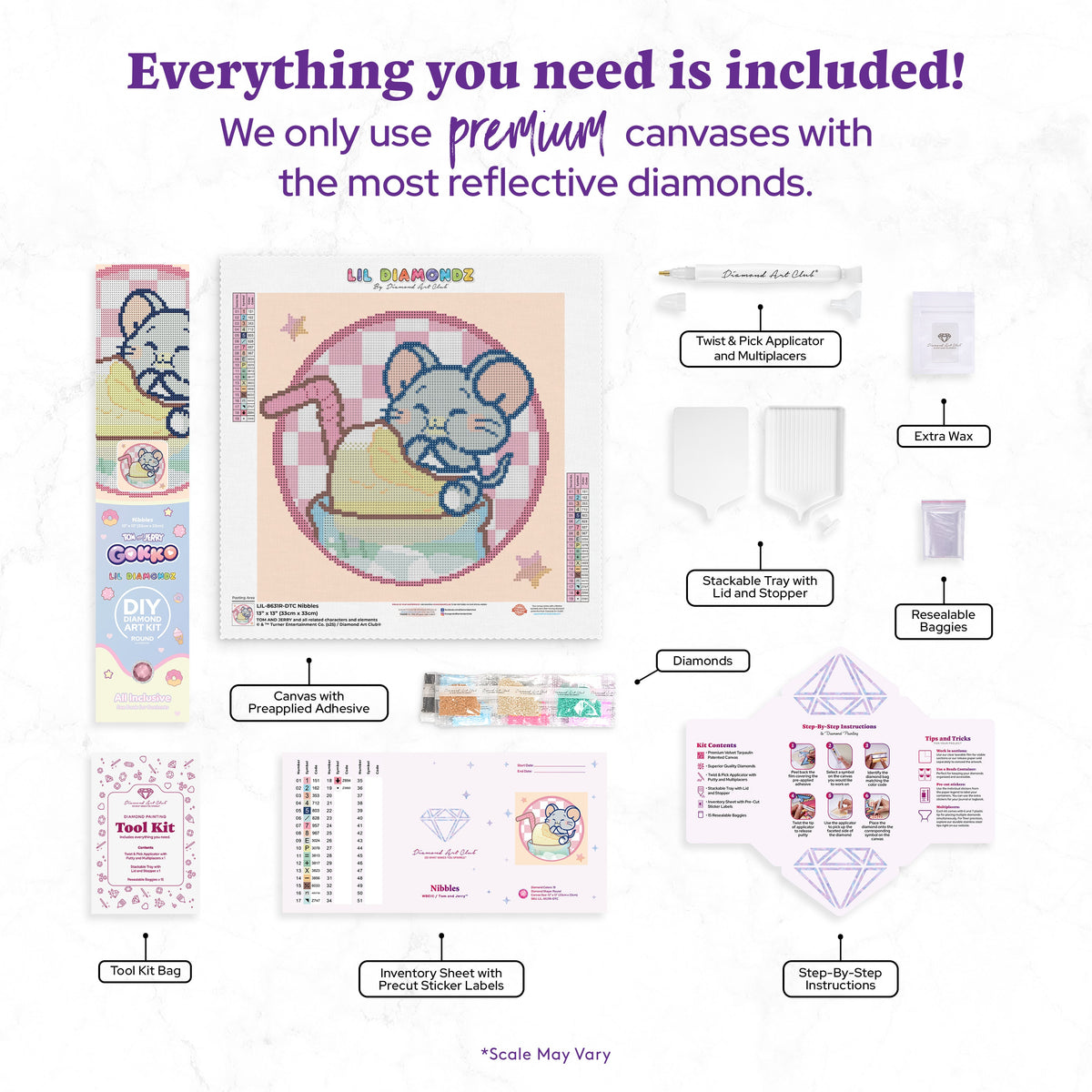 Diamond Painting Nibbles 13" x 13" (33cm x 33cm) / Round With 19 Colors Including 1 AB and 3 Fairy Dust Diamonds / 9,287