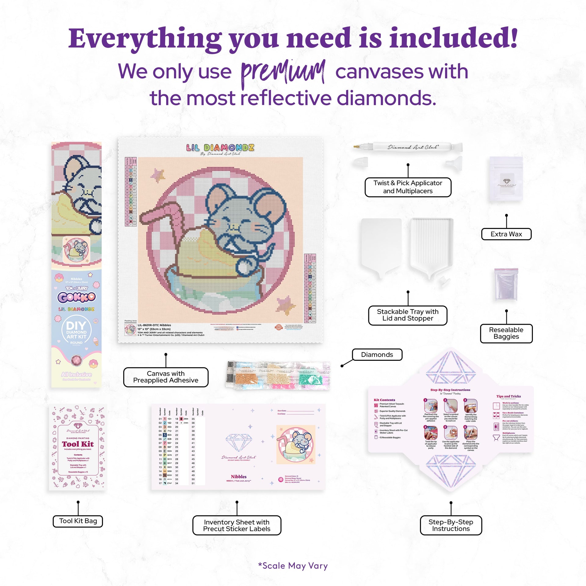 Diamond Painting Nibbles 13" x 13" (33cm x 33cm) / Round With 19 Colors Including 1 AB and 3 Fairy Dust Diamonds / 9,287