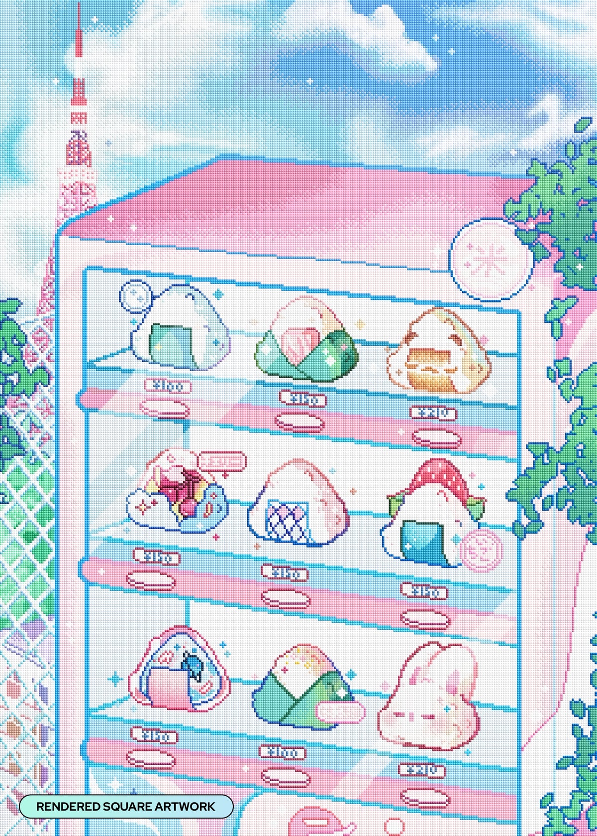 Diamond Painting Onigiri Vending and Tokyo Tower 25.6" x 35.8" (65cm x 90.8cm) / Square with 77 Colors including 4 ABs and 4 Fairy Dust Diamonds / 95,265