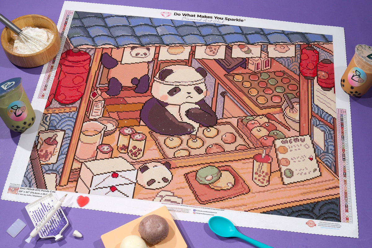 Diamond Painting Panda Cafe 29" x 22" (73.5cm x 55.6cm) / Round With 46 Colors Including 2 ABs and 3 Fairy Dust Diamonds / 53,934