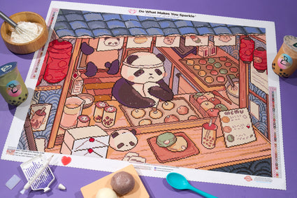 Diamond Painting Panda Cafe 29" x 22" (73.5cm x 55.6cm) / Round With 46 Colors Including 2 ABs and 3 Fairy Dust Diamonds / 53,934