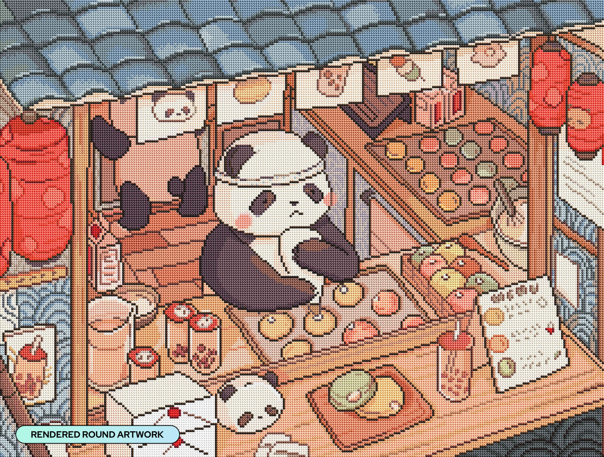 Diamond Painting Panda Cafe 29" x 22" (73.5cm x 55.6cm) / Round With 46 Colors Including 2 ABs and 3 Fairy Dust Diamonds / 53,934