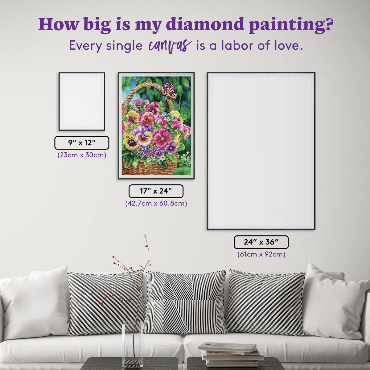 Diamond Painting Pansy Basket 17" x 24" (42.7cm x 60.8cm) / Round with 61 Colors including 3 ABs and 3 Fairy Dust Diamonds / 34,255