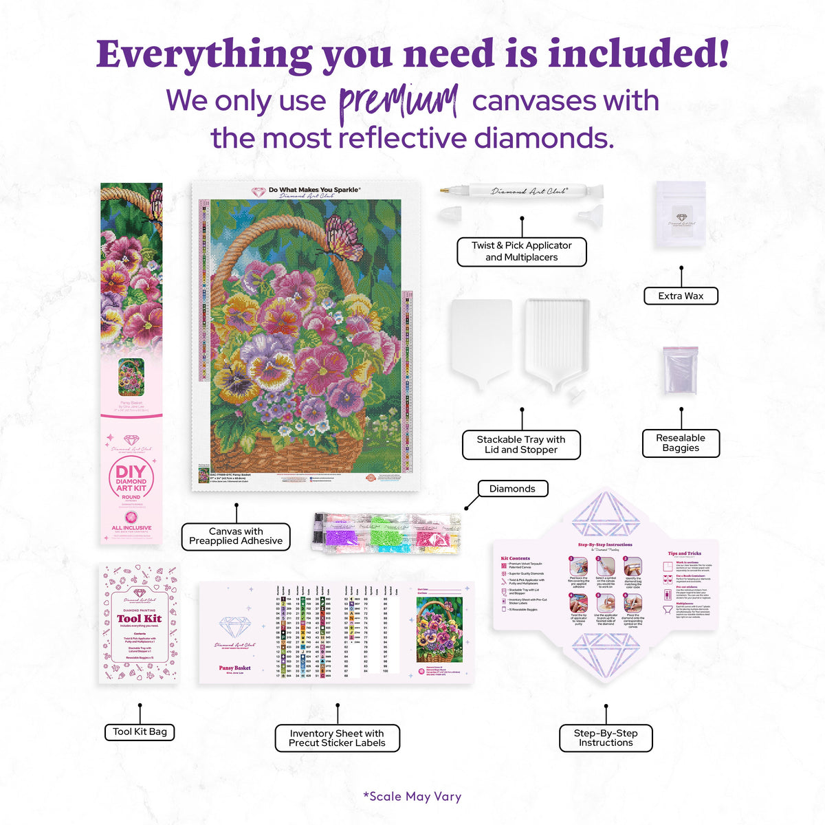Diamond Painting Pansy Basket 17" x 24" (42.7cm x 60.8cm) / Round with 61 Colors including 3 ABs and 3 Fairy Dust Diamonds / 34,255