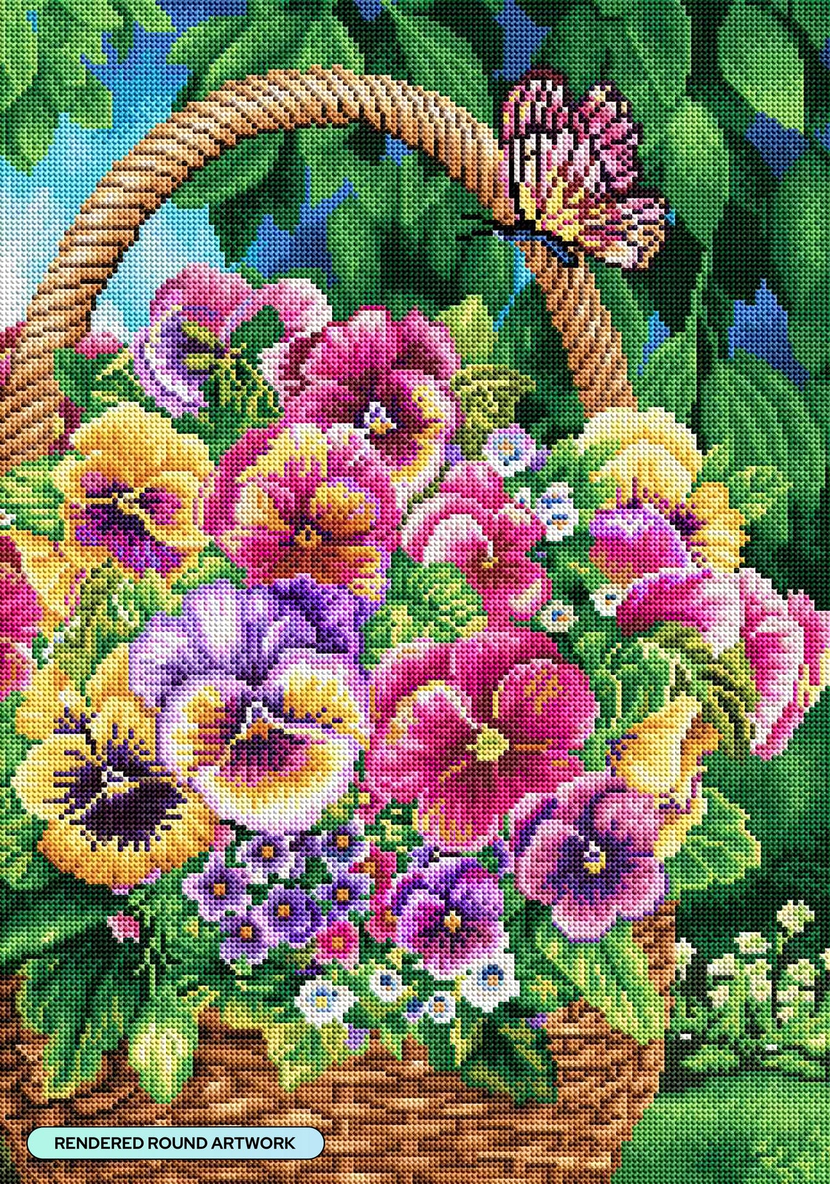 Diamond Painting Pansy Basket 17" x 24" (42.7cm x 60.8cm) / Round with 61 Colors including 3 ABs and 3 Fairy Dust Diamonds / 34,255