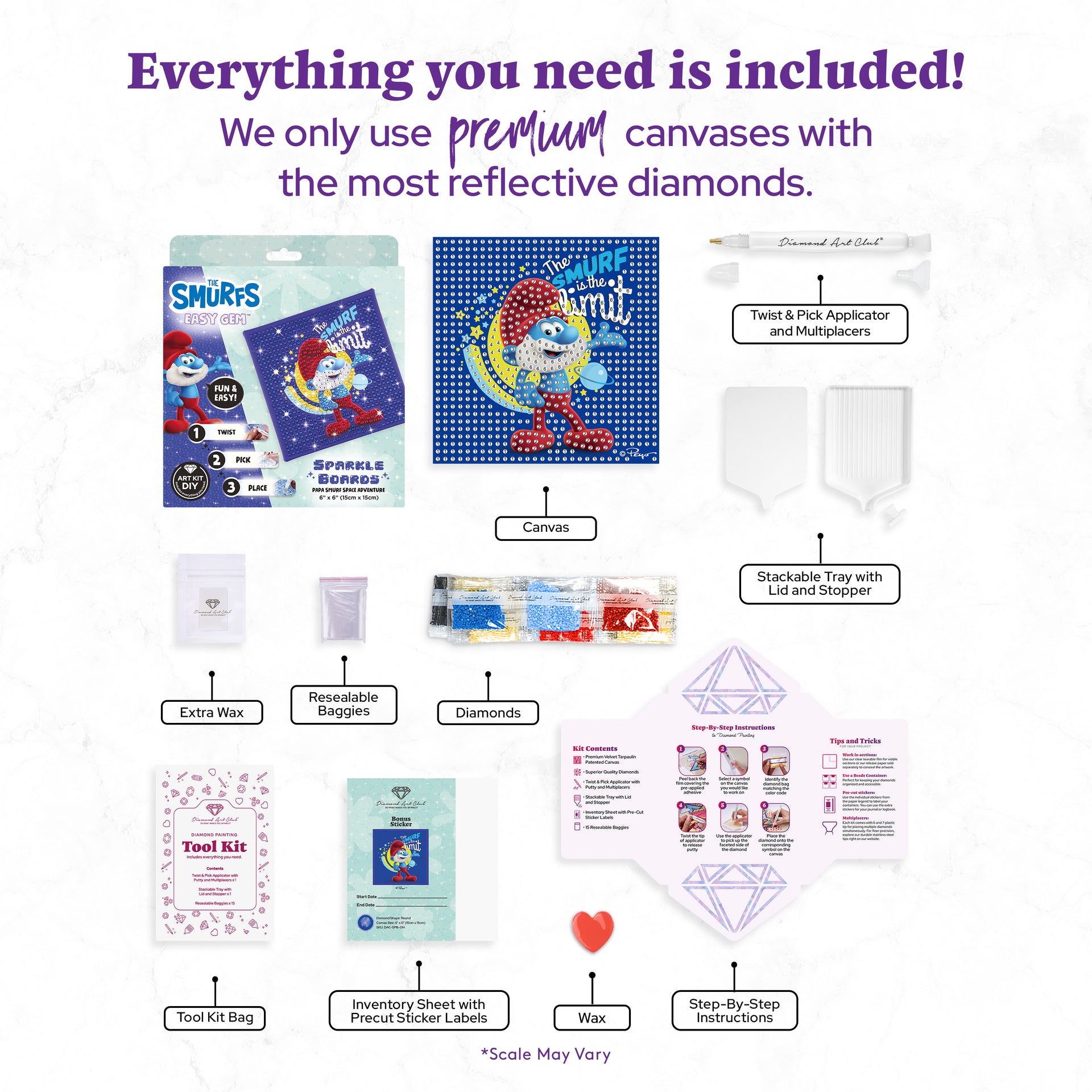 Diamond Painting Papa Smurf Space Adventure - Easy Gem™ Sparkle Board 6" x 6" (15cm x 15cm) / Round with 6 Colors including 6 Iridescent Diamonds / 760