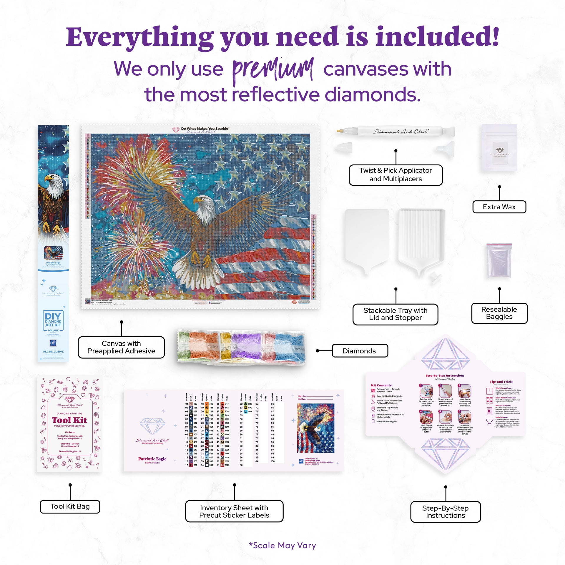 Diamond Painting Patriotic Eagle 36.6" x 27.6" (92.8cm x 69.9cm) / Square with 54 Colors including 2 ABs and 5 Fairy Dust Diamonds / 104,813