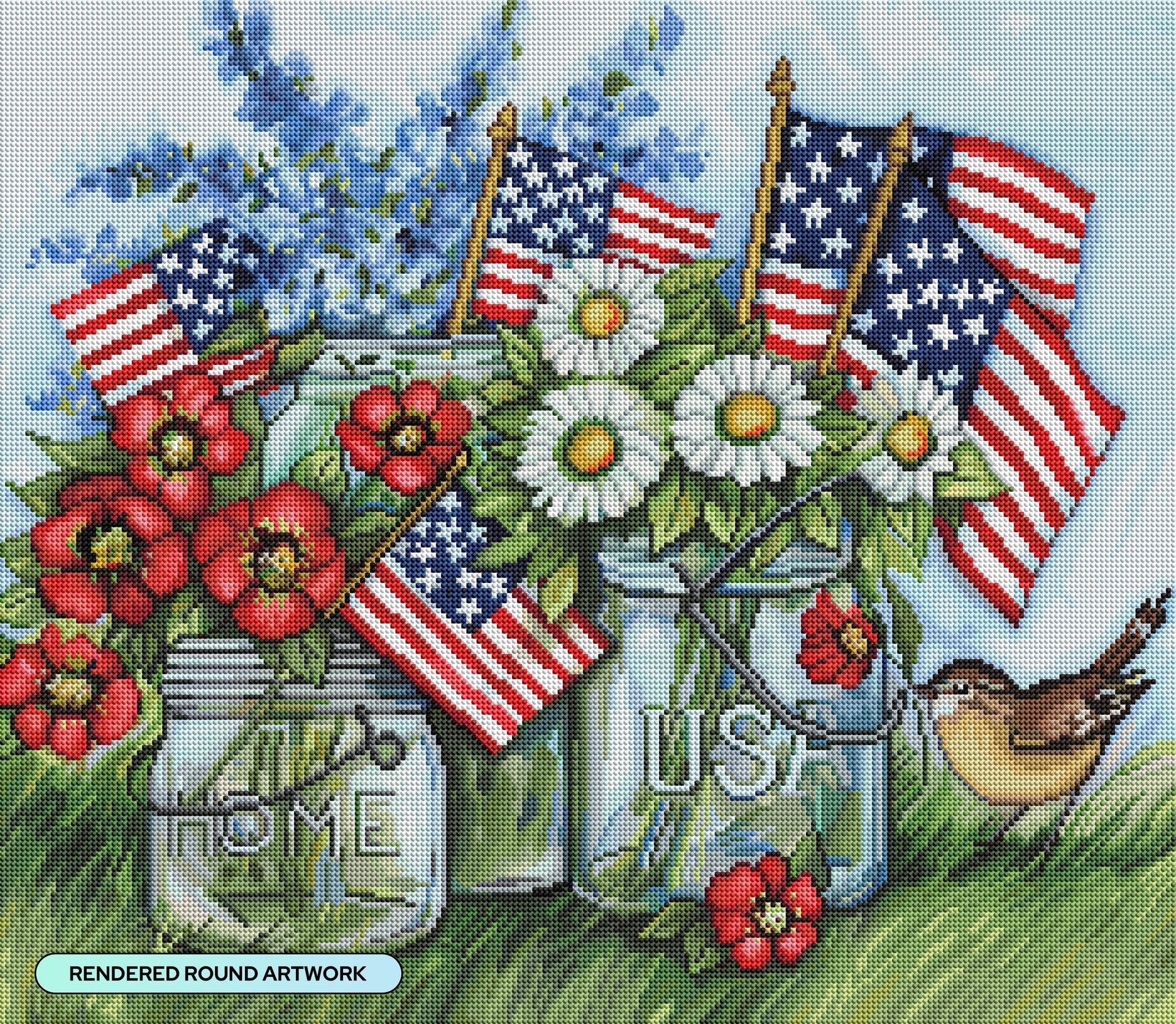 Diamond Painting Patriotic Jars with Flowers and Flags 25" x 22" (63.8cm x 55.6cm) / Round with 63 Colors including 1 AB and 4 Fairy Dust Diamonds / 46,864