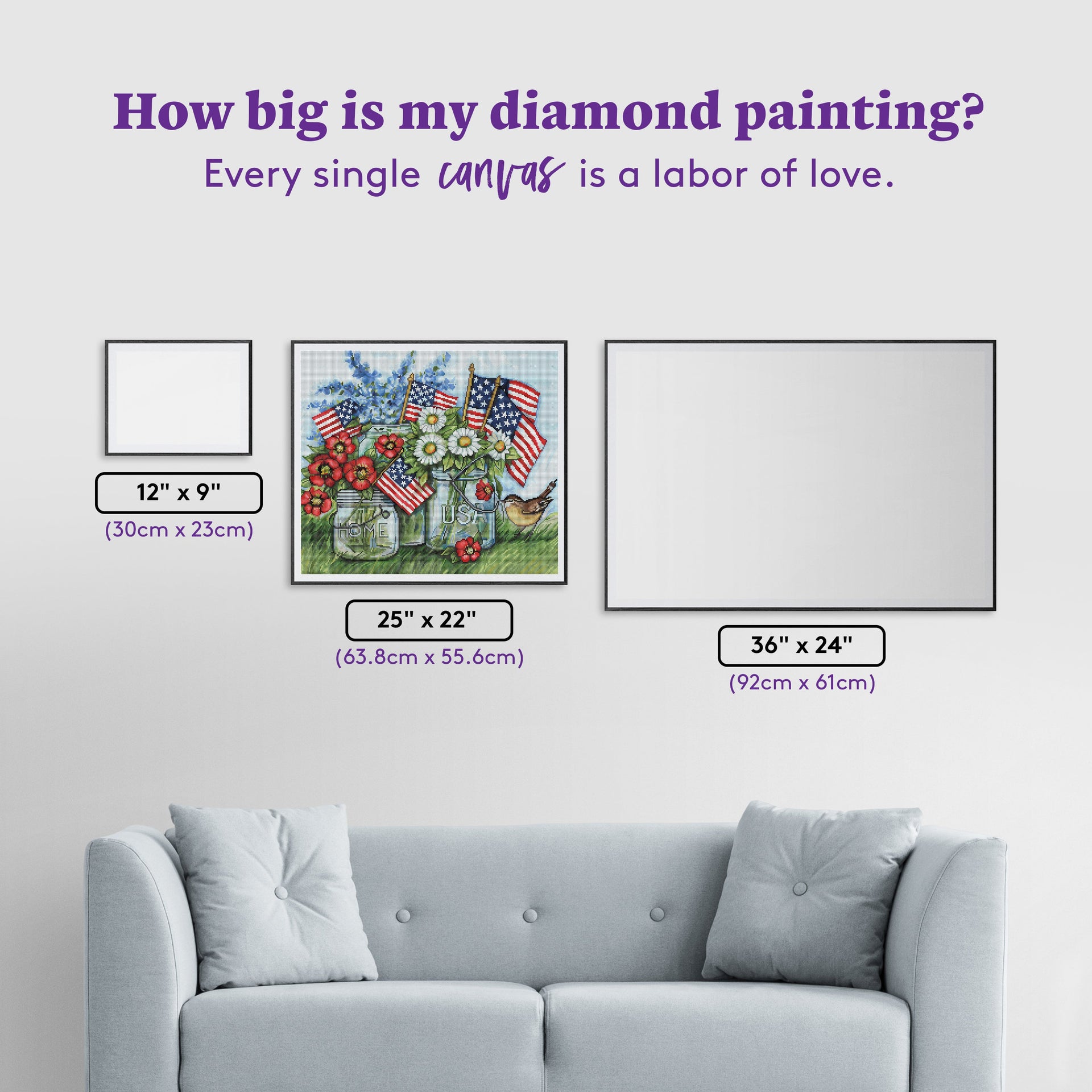 Diamond Painting Patriotic Jars with Flowers and Flags 25" x 22" (63.8cm x 55.6cm) / Round with 63 Colors including 1 AB and 4 Fairy Dust Diamonds / 46,864