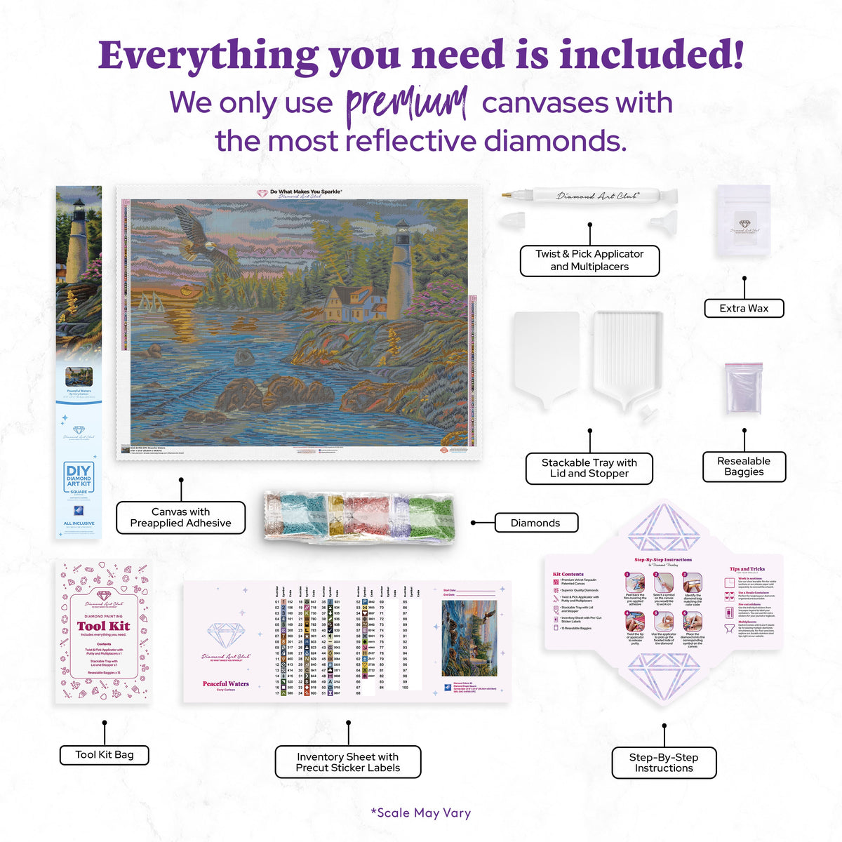Diamond Painting Peaceful Waters 37.8" x 27.6" (95.8cm x 69.9cm) / Square with 65 Colors including 2 ABs and 5 Fairy Dust Diamonds / 108,185