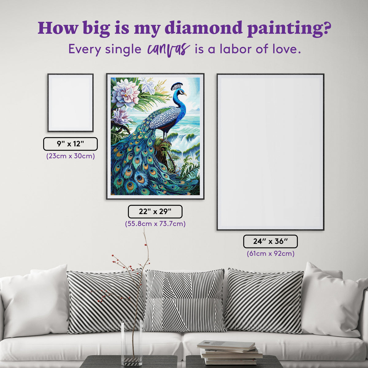 Diamond Painting Peacock in Blue 22" x 29" (55.8cm x 73.7cm) / Square with 73 Colors including 3 ABs and 1 Fairy Dust Diamond / 66,304