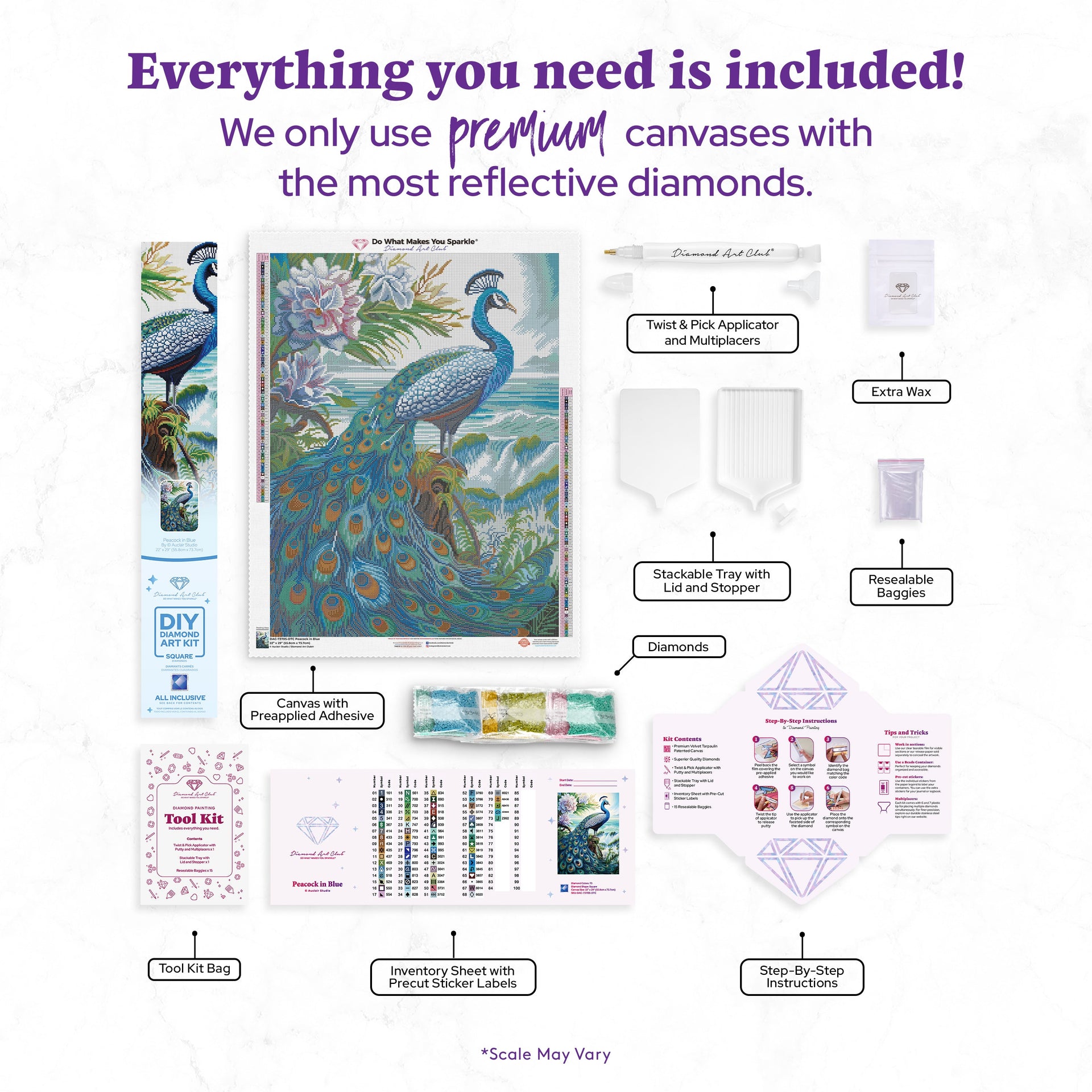 Diamond Painting Peacock in Blue 22" x 29" (55.8cm x 73.7cm) / Square with 73 Colors including 3 ABs and 1 Fairy Dust Diamond / 66,304