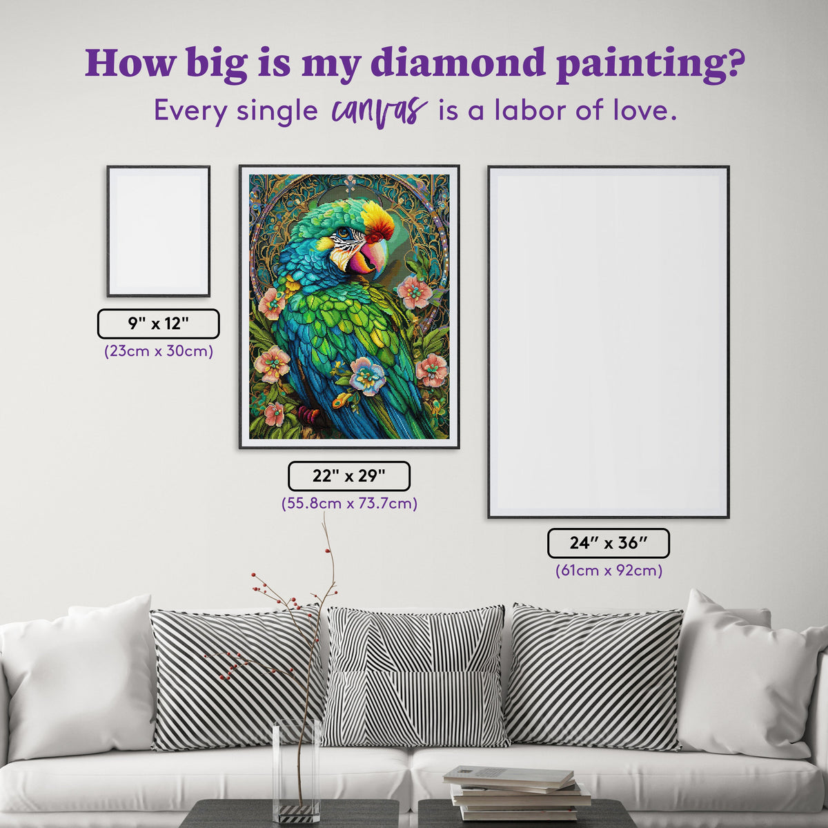 Diamond Painting Perky Parrot 22" x 29" (55.8cm x 73.7cm) / Square With 63 Colors Including 2 ABs and 4 Fairy Dust Diamonds / 66,304