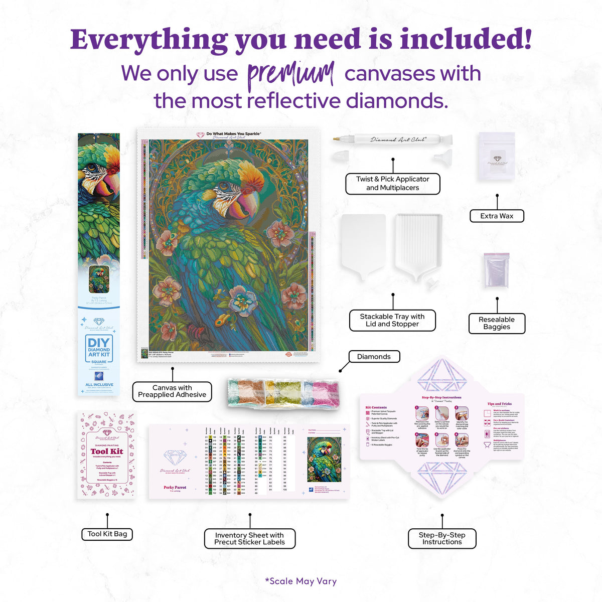 Diamond Painting Perky Parrot 22" x 29" (55.8cm x 73.7cm) / Square With 63 Colors Including 2 ABs and 4 Fairy Dust Diamonds / 66,304