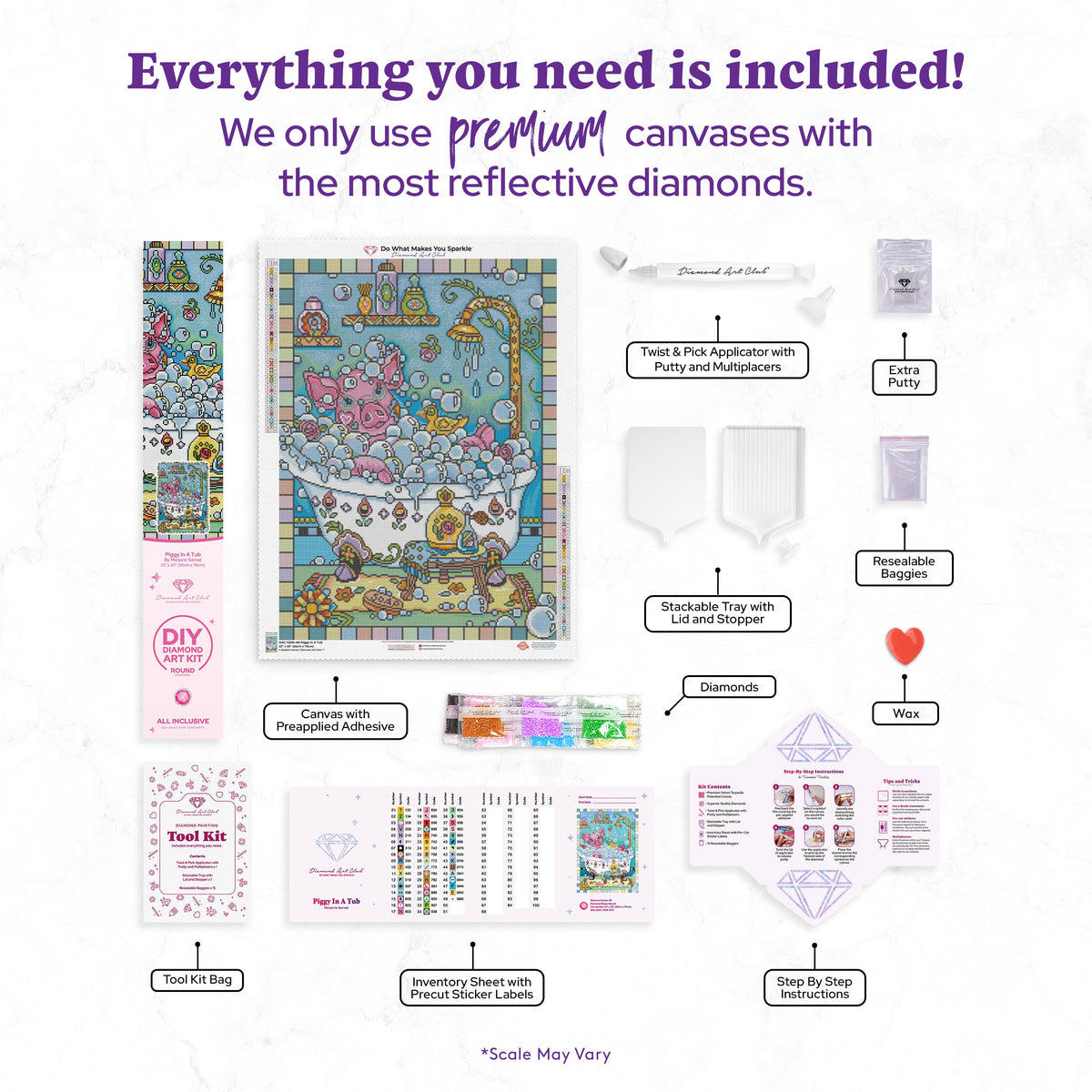 Diamond Painting Piggy In A Tub 22" x 30″ (56cm x 76cm) / Round with 49 Colors including 2 ABs / 54,128