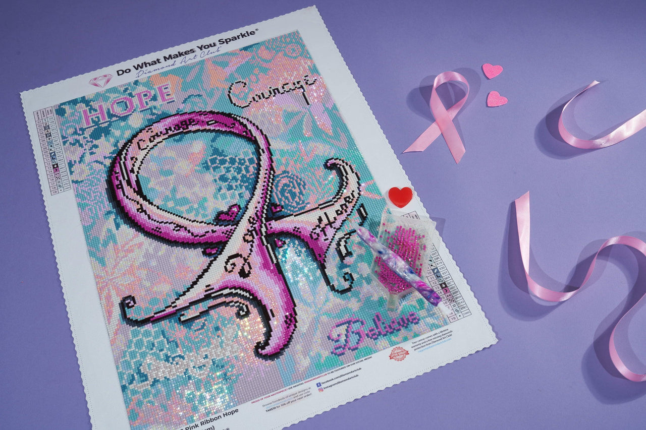 Diamond Painting Pink Ribbon Hope 13" x 18" (32.8cm x 45.6cm) / Square with 19 Colors including 2 ABs and 1 Fairy Dust Diamonds / 24,156