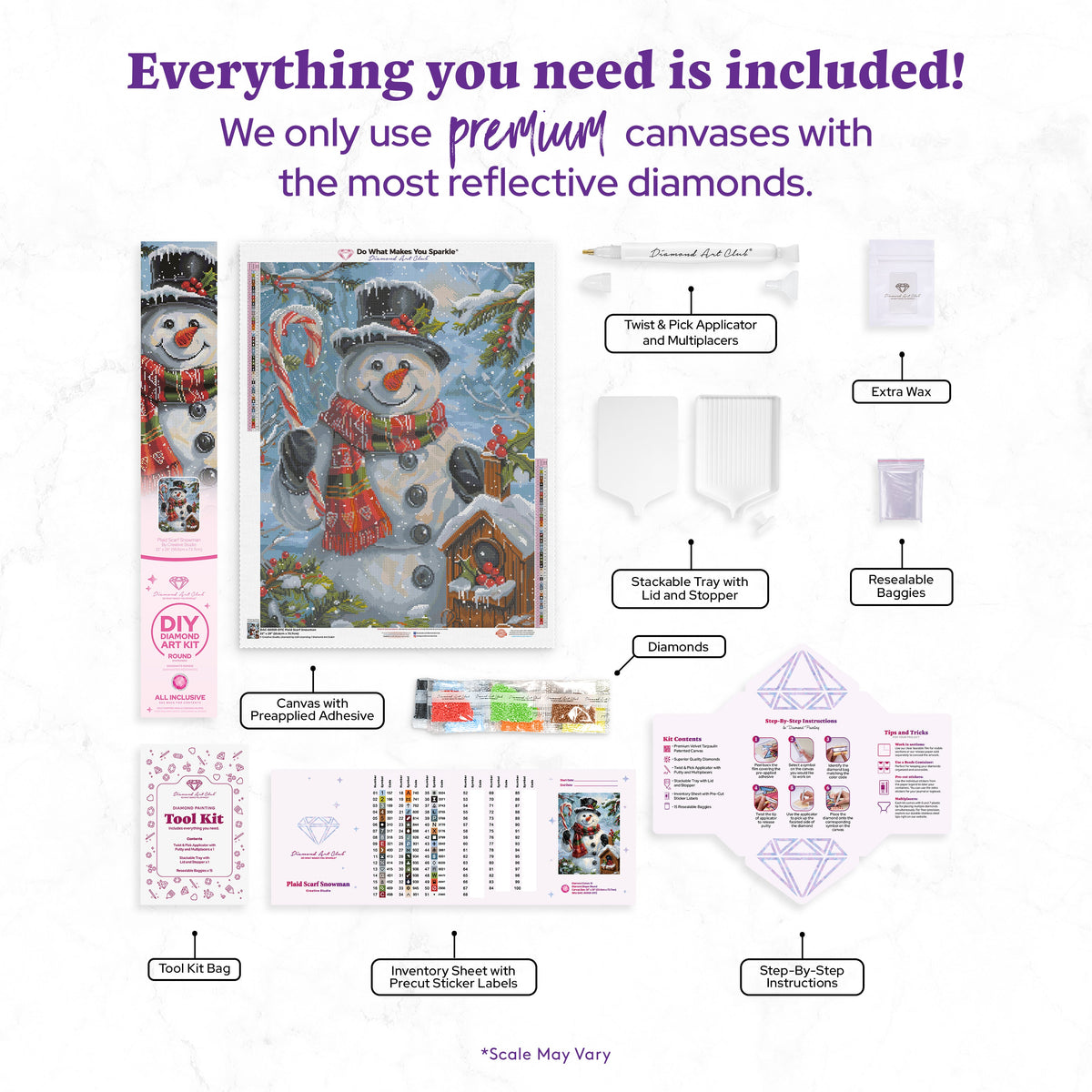 Diamond Painting Plaid Scarf Snowman 22" x 29" (55.6cm x 73.7cm) / Round with 51 Colors including 2 ABs and 2 Fairy Dust Diamonds / 54,136