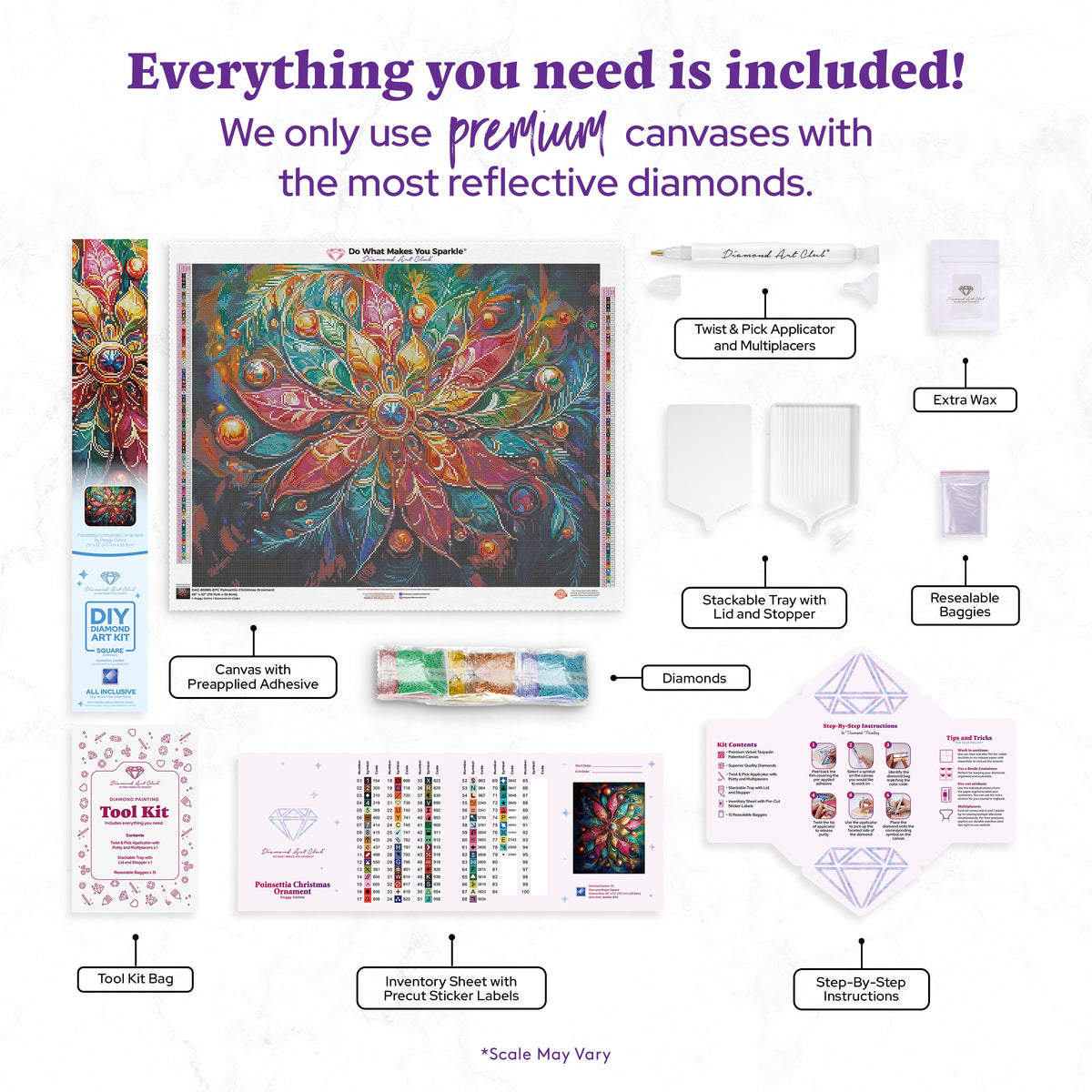 Diamond Painting Poinsettia Christmas Ornament 28" x 22" (70.7cm x 55.8cm) / Square with 79 Colors including 4 ABs and 3 Fairy Dust Diamonds / 63,616