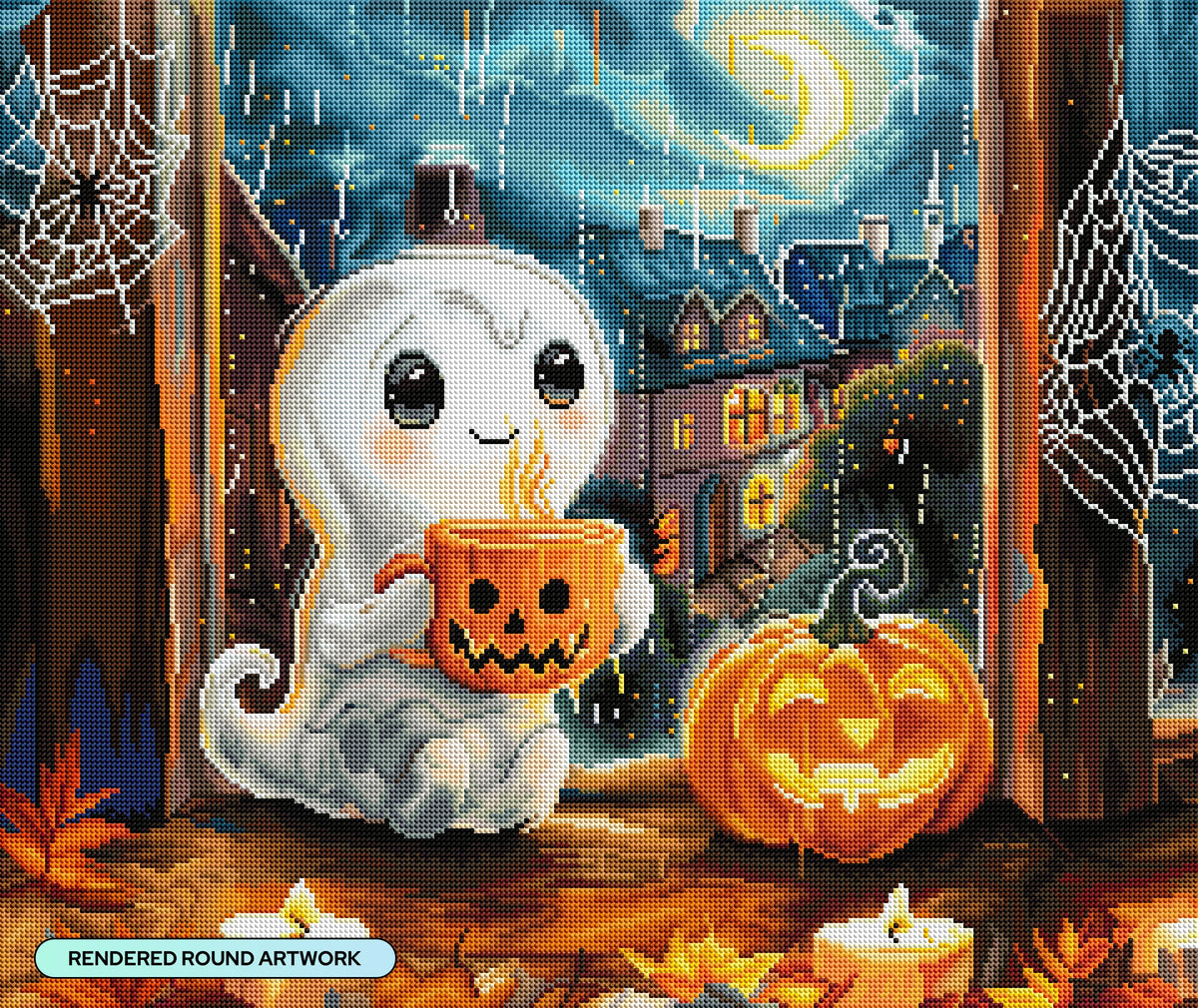 Diamond Painting Pumpkin Cuppa 26" x 22" (66cm x 55.6cm) / Round with 57 Colors including 1 AB and 5 Fairy Dust Diamonds / 48,480